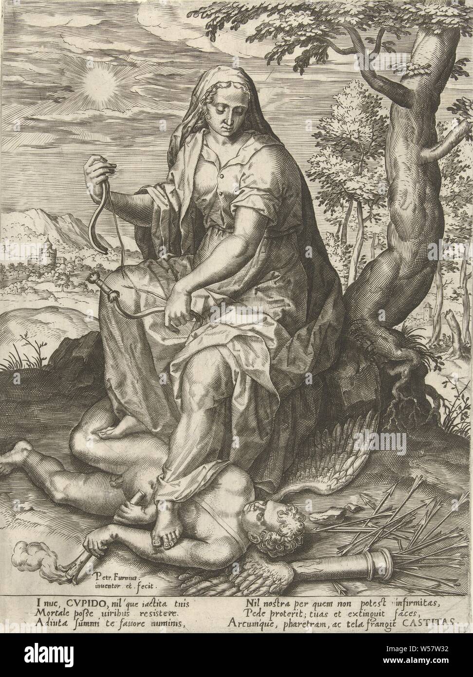 Chastity overcomes Love Seven virtues and seven vices (series title), The personification of Chastity (Castitas) sits under a tree and tramples Amor, the god of love. She breaks the bow of Amor in two. The print has a Latin caption and is part of a series about virtues and vices, one Virtue fighting against or treading upon one Vice, 'Castita', 'Pudicitia', 'Vergogna honesta' (Ripa), fettered Cupid, 'Amor Cruciatus ', Pieter Jalhea Furnius (attributed to workshop of), 1550 - 1625, paper, engraving, h 262 mm × w 197 mm Stock Photo