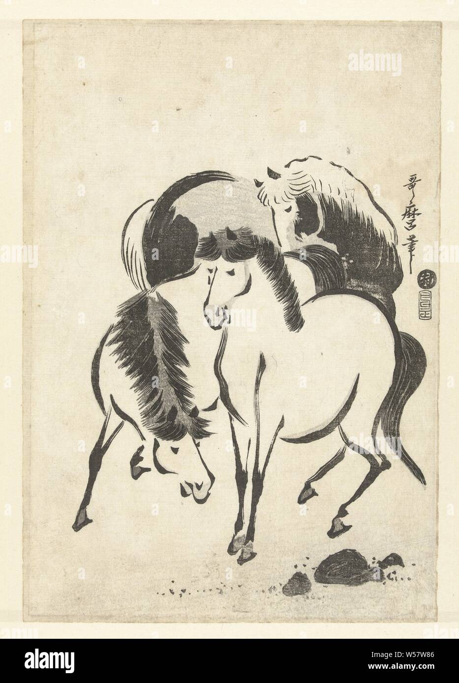 Three horses, Kitagawa Utamaro (mentioned on object), Japan, 1800, paper, h 327 mm × w 225 mm Stock Photo
