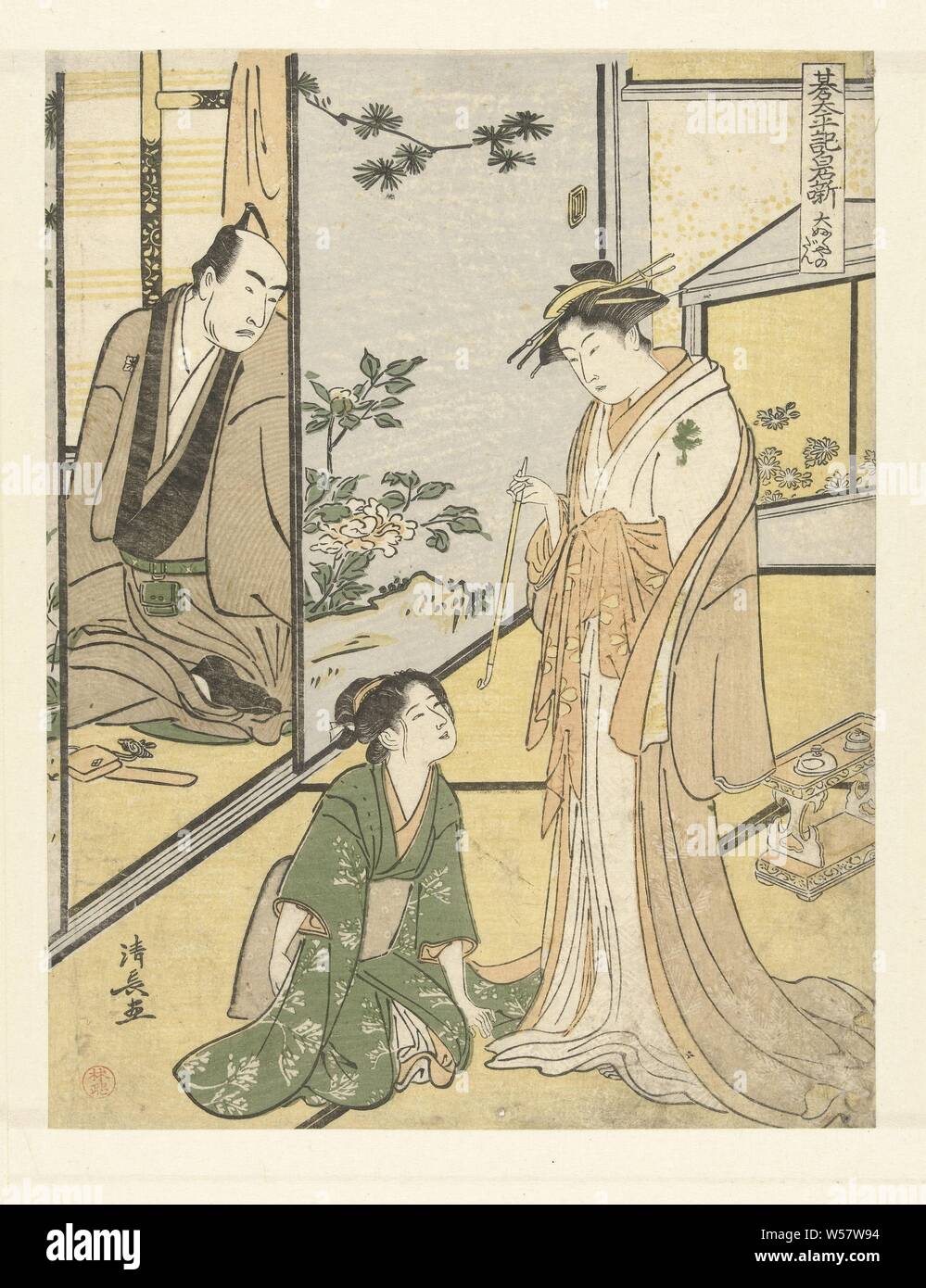 Scene in the Daifukuya house Daifukuya no dan (title on object) The play Shiraishibanashi (series title) Gotaiheiki Shiraishibanashi (series title on object), Courtisane Miyagino, standing with pipe in right hand, listening to her sister Shinobu, sitting in green kimono, telling about the death of their father, while the manager of the Daifukuya house, Soroku, whispers them from behind a sliding door, pipe, tobacco, Torii Kiyonaga (mentioned on object), Japan, 1783 - 1787, paper, colour woodcut, h 246 mm × w 188 mm Stock Photo