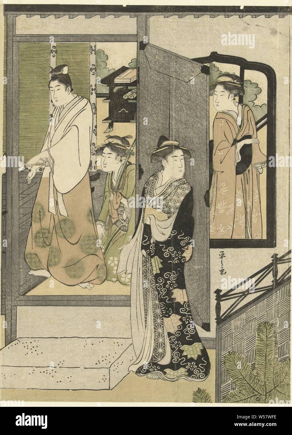 The visit, Woman standing with the door open, behind which second woman looking at nobleman and kneeling maid with sword., Hosoda Eishi (mentioned on object), 1788 - 1792, paper, colour woodcut, h 347 mm × w 258 mm Stock Photo