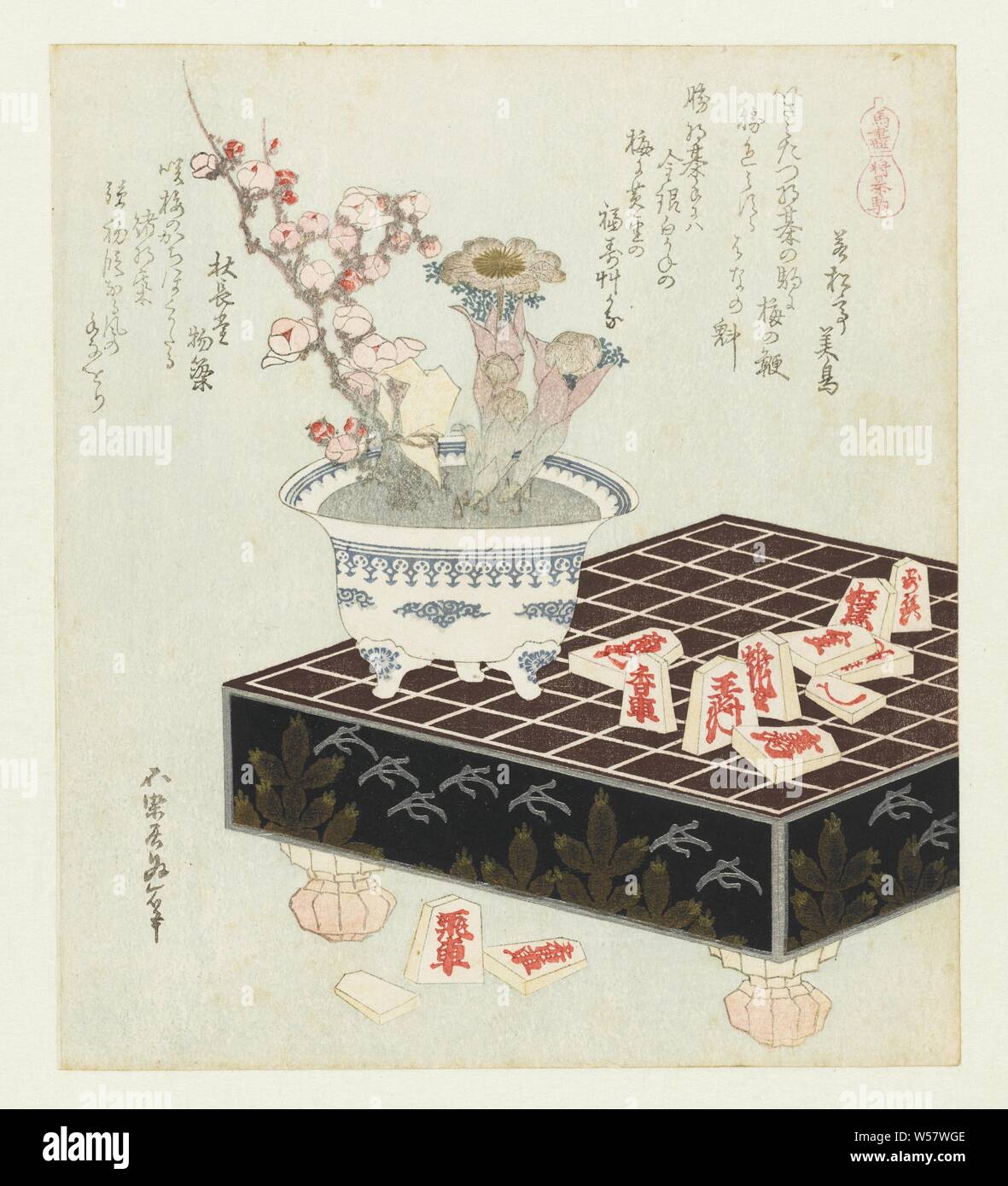 Shôgi stones Shogikoma (title on object) A series with horses (series title on object) Umazukushi (series title on object), Pot with spring anemones and dwarf plum blossom standing on a game board of a Japanese variant of chess, shogi. The stones in this game are also called 'horses', hence this design in this series, published for the new year of the horse in 1822. With two poems., Katsushika Hokusai (mentioned on object), Japan, 1822, paper, colour woodcut, h 206 mm × w 184 mm Stock Photo
