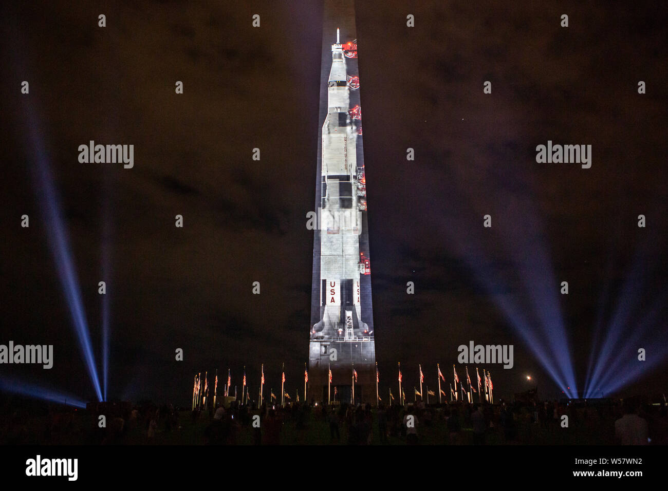 A scale image of Apollo 11 is projected onto the Washington Monument in Washington, DC on July 17 as part of the 50th anniversary celebrations of the Stock Photo