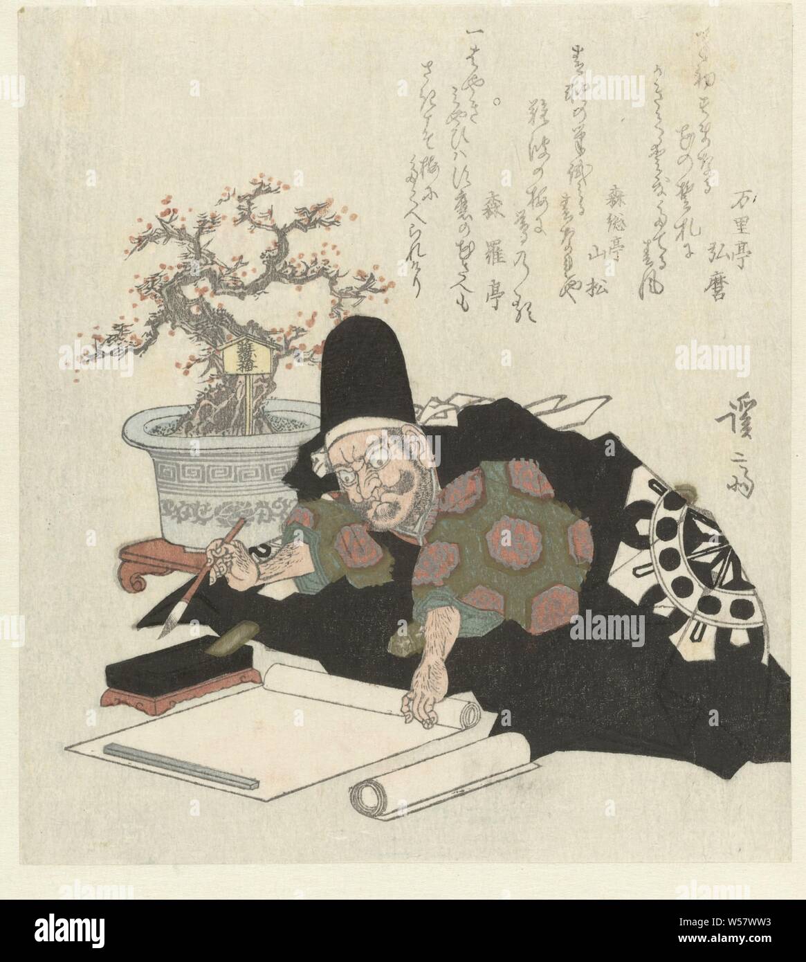 Writing man in black kimono (series title), Musashibô Benkei, in black kimono, bends over a sheet of paper with a brush in his hand to make the first calligraphy of the New Year. Behind him a flowering miniature plum tree in a pot, with a sign that says 'Garyûbai', the name of the famous plum tree at the Kameido Tenjin shrine in Edo (present-day Tokyo). With three poems, right sheet of a diptych, calligraphy (variant), tree: plum-tree, Keisai Eisen (mentioned on object), Japan, 1825 - 1829, paper, polishing, h 207 mm × w 188 mm Stock Photo