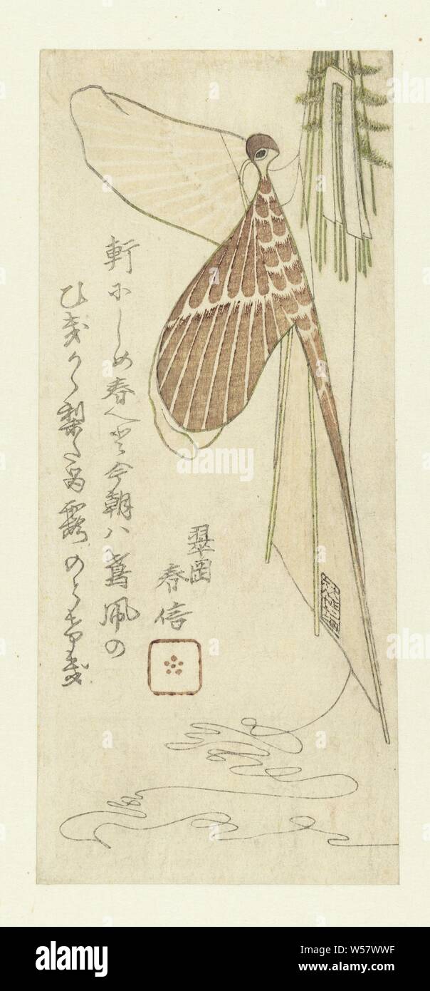 The kite, A kite in the shape of a falcon (takadako) hangs on New Year's decorations of ferns (urajiro). This is a calendar print for the year 1816, the rope of the kite indicates the short months of the year, (flying a) kite, Yashima Gakutei (mentioned on object), Japan, 1816, paper, colour woodcut, h 210 mm × w 89 mm Stock Photo