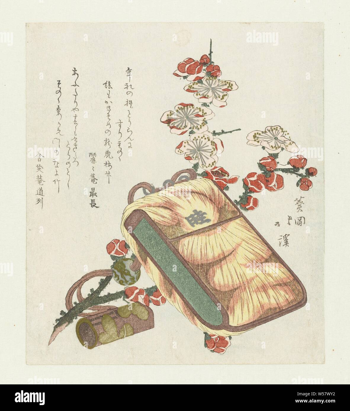 Tobacco pouch with belt knot and plum blossom, A plum blossom branch and a tobacco pouch made of tiger skin, with a glass bead and belt knot (netsuke) made of varnished bamboo. This print was made for the new year of the tiger. With two poems, plants, vegetation (flowers, blossom, blossoming), Totoya Hokkei (mentioned on object), Japan, 1818, paper, colour woodcut, h 208 mm × w 181 mm Stock Photo
