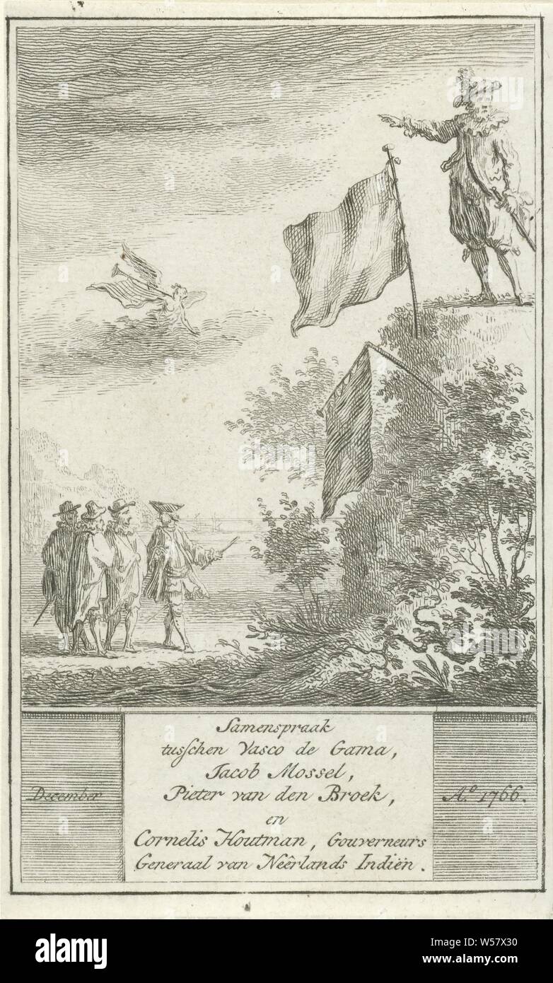 Four historical figures in conversation Illustrations of Dutch history (series title), Conversation in the open air between Vasco da Gama, Jacob Mossel, Pieter van den Broecke and Cornelis de Houtman. An angel flying the trumpet flies above. A man on top of a rock wall has put the Dutch flag in the ground. The flag hanging below it is broken. Below the image a text with the date December 1766., Simon Fokke, Amsterdam, 1722 - 1784, paper, etching, h 128 mm × w 78 mm Stock Photo