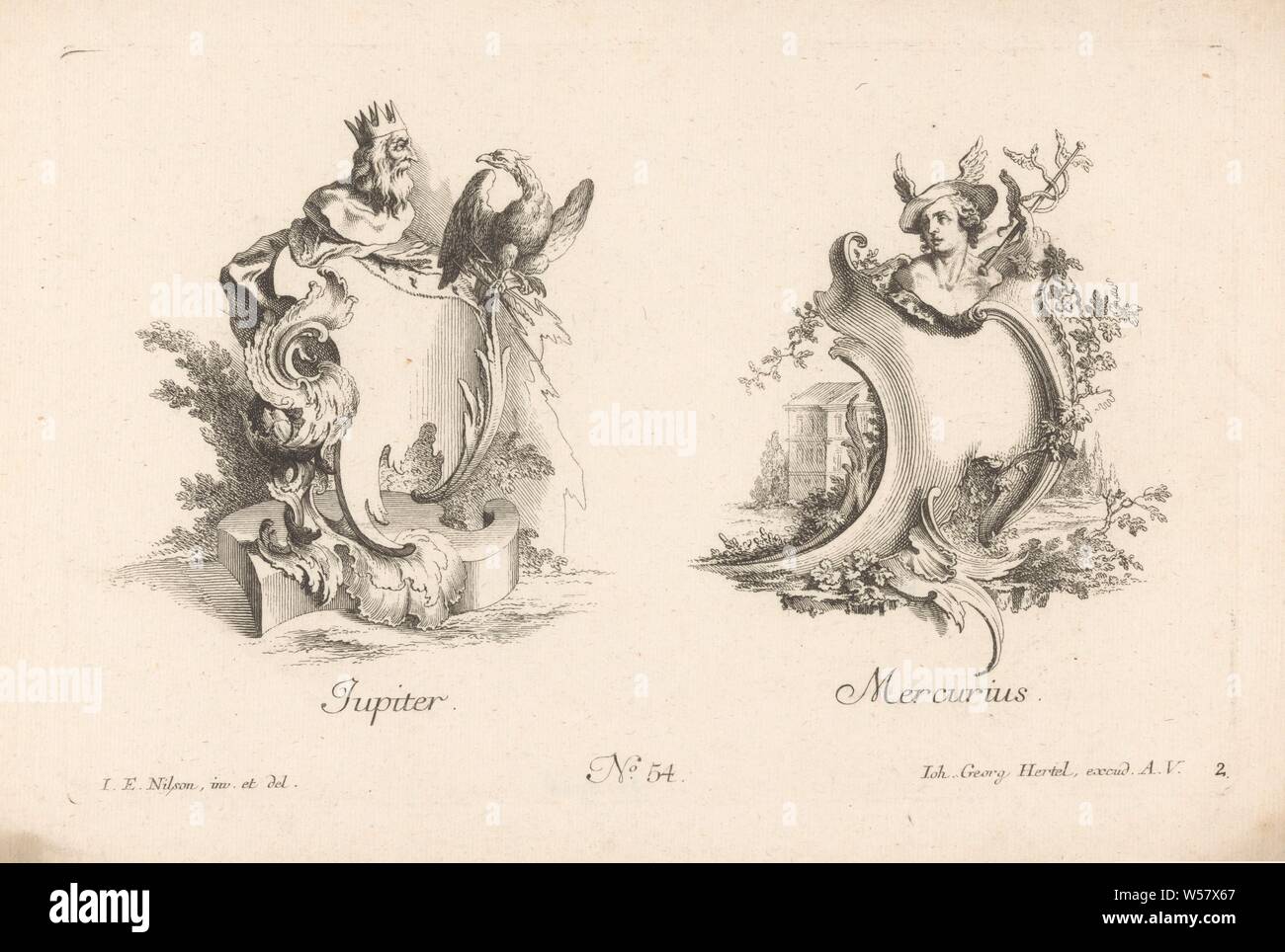 Jupiter and Mercury Ornements modernes (series title), Two rocaille cartouches with busts of gods. Left Jupiter with eagle and lightning bolts. On the right Mercury with his hat and staff and on the left in the background a house. Publisher number 54., ornament, cartouche, specific aspects, allegorical aspects of Jupiter, Jupiter as patron, allegorical aspects of Mercury, Mercury as patron, Jakob Wangner, Augsburg, 1731 - 1775, paper, engraving, h 190 mm × w 300 mm Stock Photo