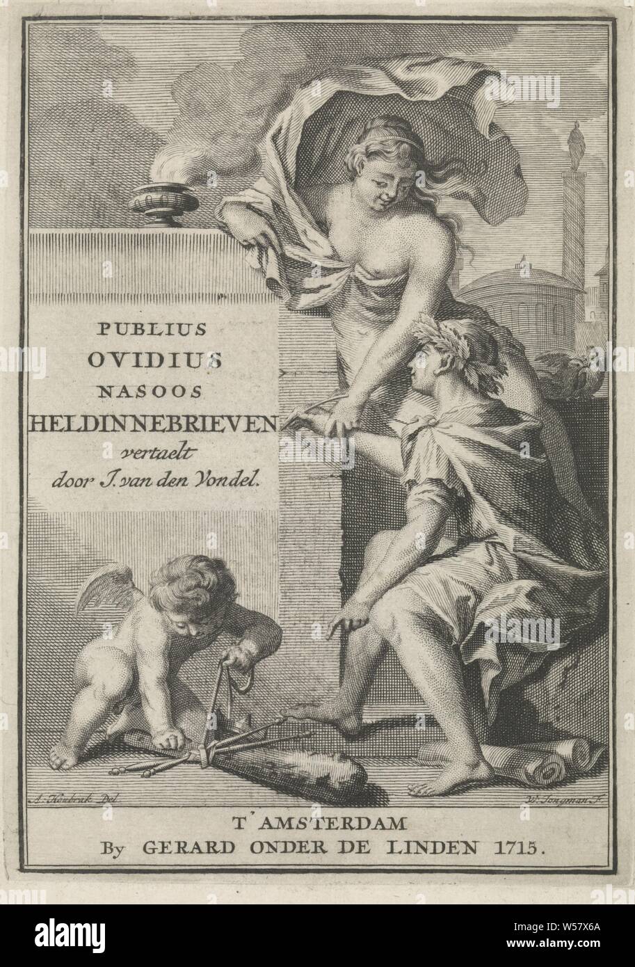 Woman in Greek robe Title page for: J. van den Vondel, Heldinnebrieven, 1715, A woman in Greek robe sitting on a wall. In addition to her two pigeons. With her left hand she leads the right hand of a man, crowned with laurel wreath, who writes the title with a feather on a frame. In the foreground a putto with various attributes including a club, other birds: turtle dove, weapons for striking a blow: club, cupids: 'amores', 'amoretti', 'putti', Wouter Jongman (mentioned on object), paper, engraving, h 178 mm × w 127 mm Stock Photo