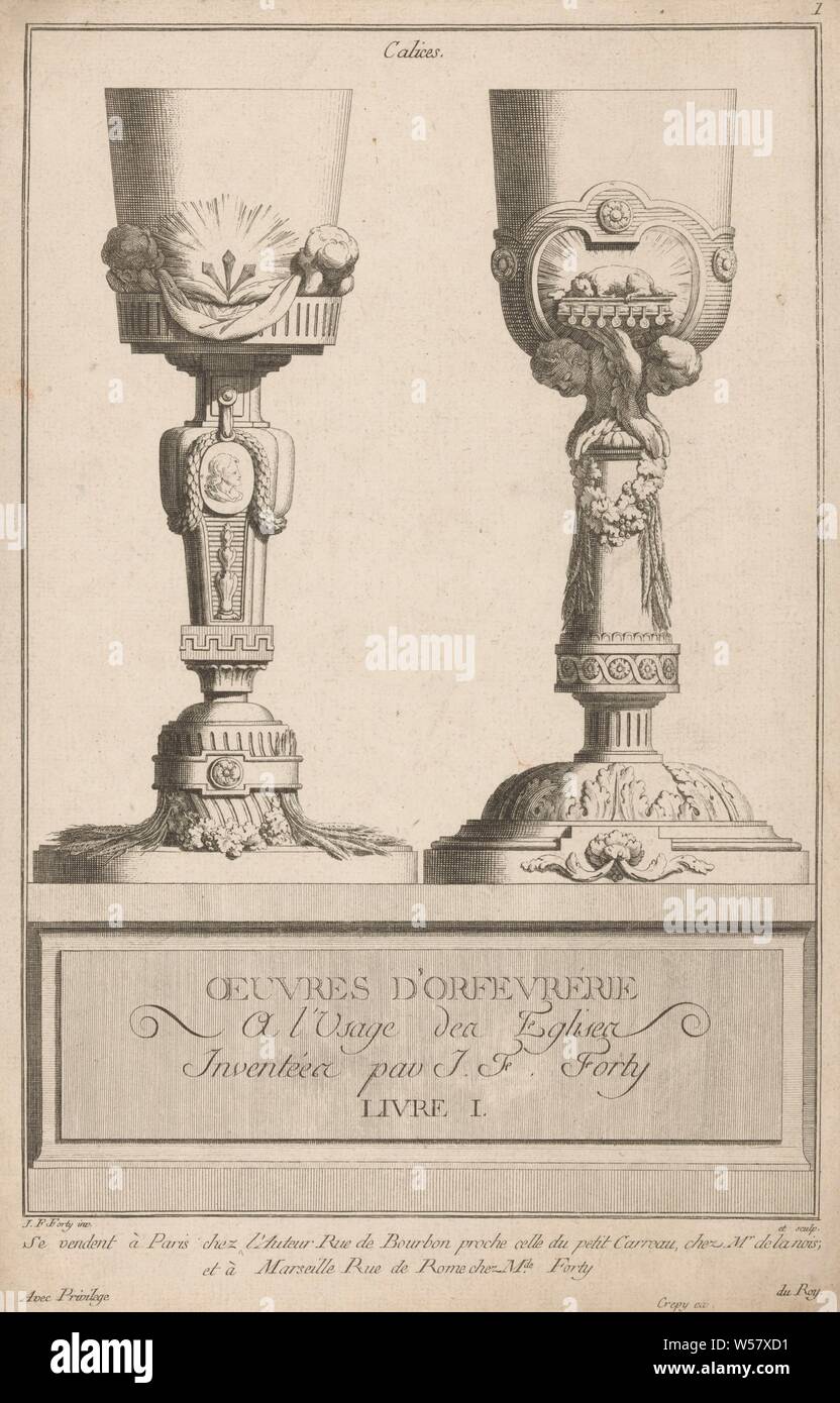 Kelices with putti heads Calices (title on object) Oeuvres D'Orfevrerie A l'Usage des Eglises (...) Livre I (series title on object), Two ornamented chalices with putti heads, right with lamb on the book of the seven seals. Below that the series title, chalice, cupids: 'amores', 'amoretti', 'putti', Jean François Forty (mentioned on object), Paris, 1775 - 1790, paper, engraving, h 367 mm × w 240 mm Stock Photo