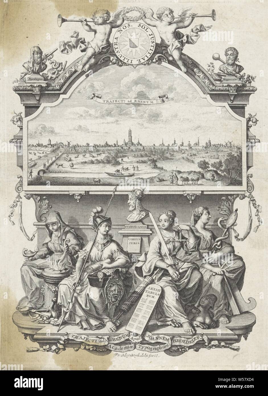 View of Utrecht and allegory with Minerva and virtues, A view of the city of Utrecht with the silhouette of the Dom church in an architectural setting with the goddess Minerva and three personifications of virtues: Temperance, Justice and Caution. The list is crowned with a round shield with the motto of the University of Utrecht between two putti blowing on trumpets, (story of) Minerva (Pallas, Athena), Prudence, 'Prudentia', 'Prudenza' (Ripa), one of the Four Cardinal Virtues, Temperance, 'Temperantia', 'Temperanza' (Ripa), Justice, 'Justitia', 'Giustitia divina' (Ripa), Utrecht, François Stock Photo