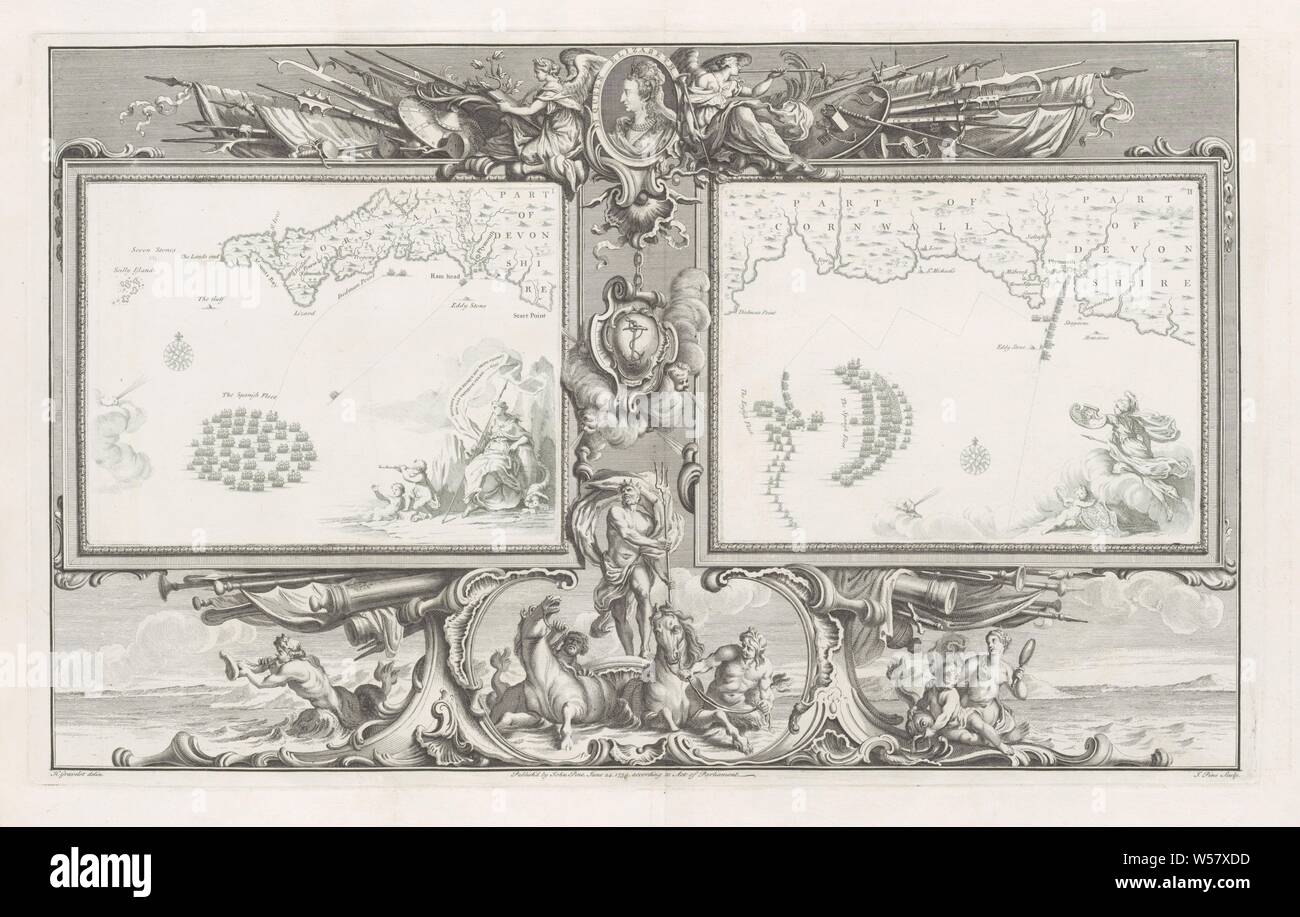 Maps of the Spanish Armada (16 and 21 July 1588), Two cards (I-II) with the Spanish fleet in the Channel below the coast of Cornwall and Devon, within an ornamental frame. At the top in the frame is a medallion with the portrait of Queen Elizabeth I, flanked by the personifications of History and Fame, seated between weapons (spears, shields, banners). Under the medallion hangs a cartouche with the Anchor of Hope, the arms of the English Admiralty, surrounded by the four winds. Among them Neptunus pulled in his wagon by two horses and accompanied by two men with fish tails. In the right corner Stock Photo