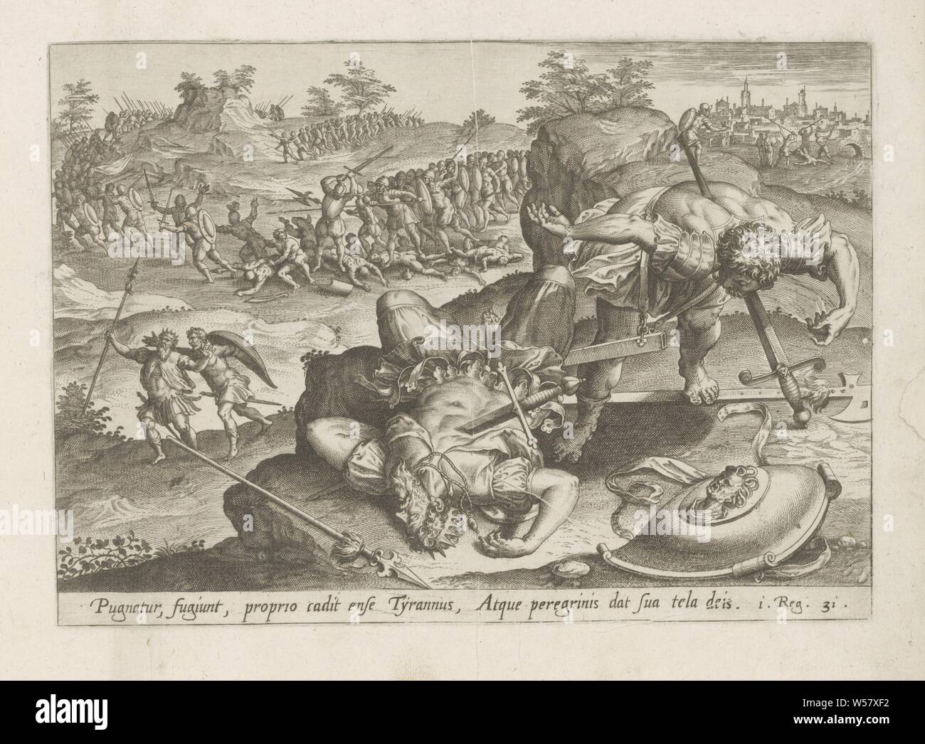 Saul commits suicide History of David and Saul (series title) Historia Davidis and Saulis (...) (series title) Thesaurus sacrarum historiaru [m] veteris testame [n] ti, elega [n] tissimis imaginibus expressu [m] excelle [n] tissimoru [m] in hac arte viroru [m] opera: now [n] c primu [m] in luce [m] editus (series title), fleeing in the background Saul and his armor bearer away from the Philistine army. In the foreground both have committed suicide by throwing themselves into their swords. Below the performance a reference in Latin to the Bible text in 1 Sam. 31. Print is part of an album, Saul Stock Photo