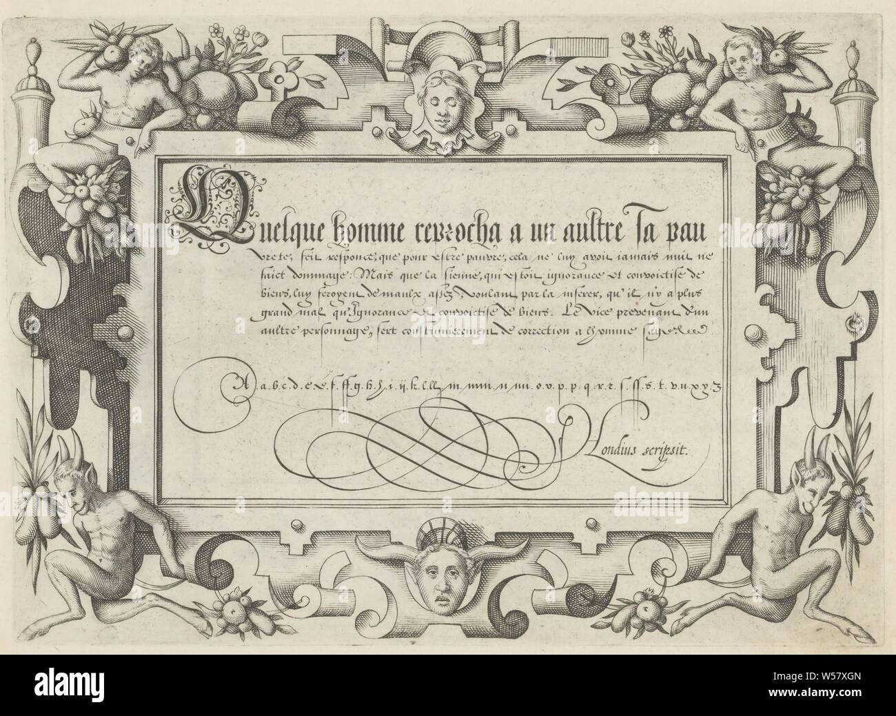 Writing example: Quelque homme reprocha Theatrum artis scribendi (series title), Writing example in a gothic hand with six lines of text in French. At the bottom a lower case alphabet in the relevant hand. The example is contained in a rolling cart cartouche with two saters at the bottom. The print is part of an album, calligraphy, ornament, cartouche, scrollwork, strapwork, birds, fruits and vegetables, mask, mascaron, Jodocus Hondius (I) (mentioned on object), Amsterdam, 1614, paper, engraving, h 160 mm × w 220 mm Stock Photo