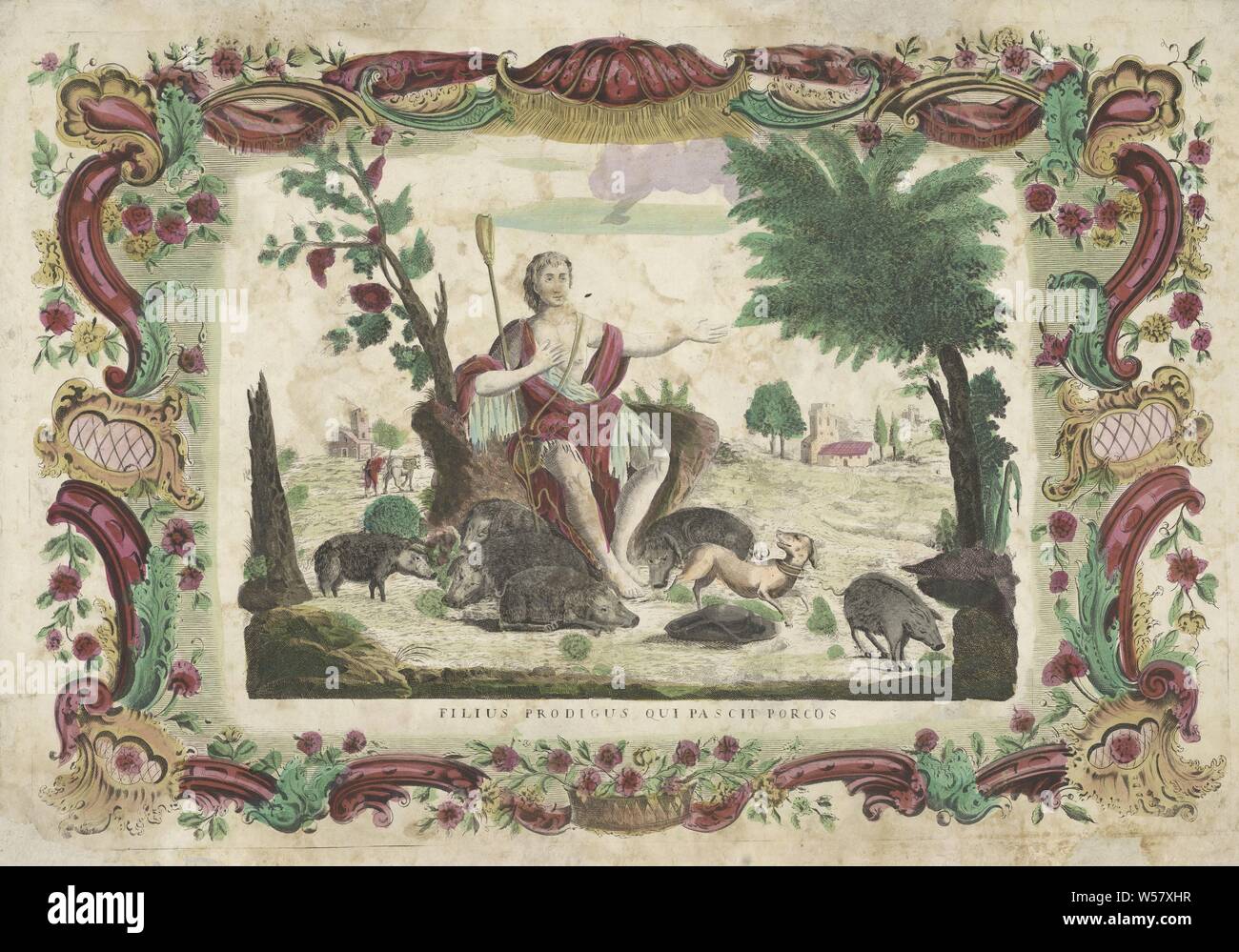 The prodigal son as a swineherd Filius prodigus qui pascit porcos (title on object), The prodigal son in frayed clothing, with shepherd's staff in hand, sitting among the pigs. Title below the show. The scene is set in an ornament border., The prodigal son tends the swine and eats from their trough, ornaments, art, Giovanni Volpato (possibly), 1700 - 1799, paper, etching, h 528 mm × w 775 mm Stock Photo