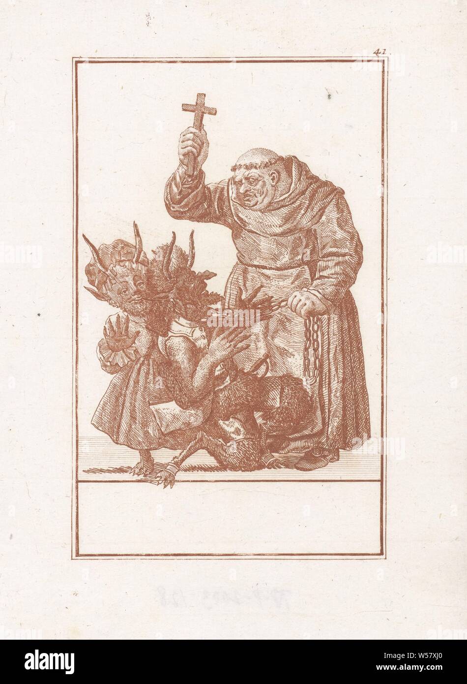 Monk threatens two devils Abuses of the Catholic clergy (series title) L'Abregé du Faux Clerge Romain (series title), A fat monk with a crucifix in his hand. He threatens two diabolical figures at his feet with the cross. He has put one of the devils on a chain. The print is part of a 50-part series on the subject of the abuses of the Catholic clergy., Jacob Gole (attributed to), Amsterdam, 1724, paper, etching, h 232 mm × w 182 mm Stock Photo