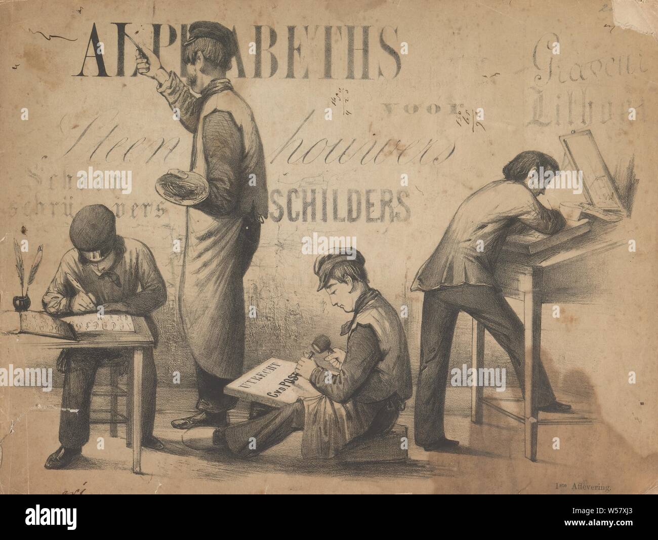 Album with fonts Alphabeths for stonemasons cleaners painters engraver  lithogr (title on object), Prentalbum with eight alphabets in different  fonts. On the cover a calligrapher, a painter, a sculptor and a  lithographer.