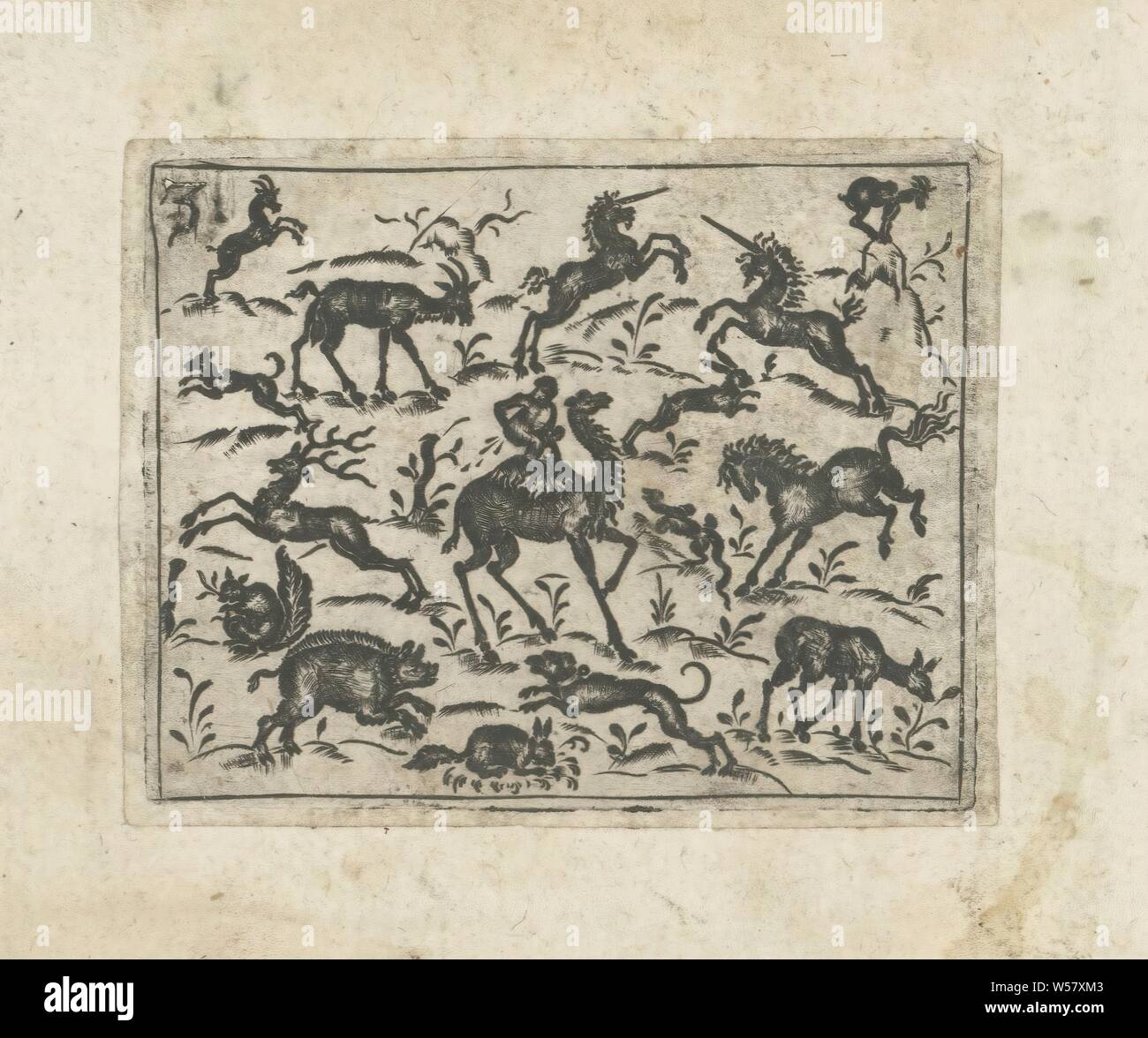 Black ornament with animals, Flat decoration in black work with land animals. In the middle a camel with a monkey on its back. In addition, a unicorn, dog, rabbit, squirrel, deer, goat, goat and horse and boar. Numbered top left: 3. The print is part of an album, ornaments, art, animals, hoofed animals: camel, anonymous, 1551 - 1650, paper, engraving, h 49 mm × w 62 mm Stock Photo