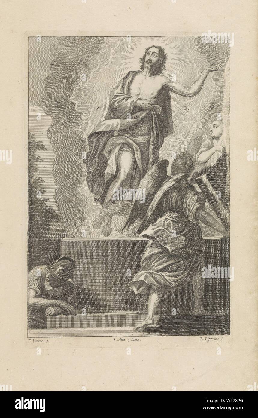 Resurrection of Christ, Christ rises from the tomb, opened by two angels.  For the tomb a waking soldier. This print is part of an album, Christ,  usually holding a banner, arises from