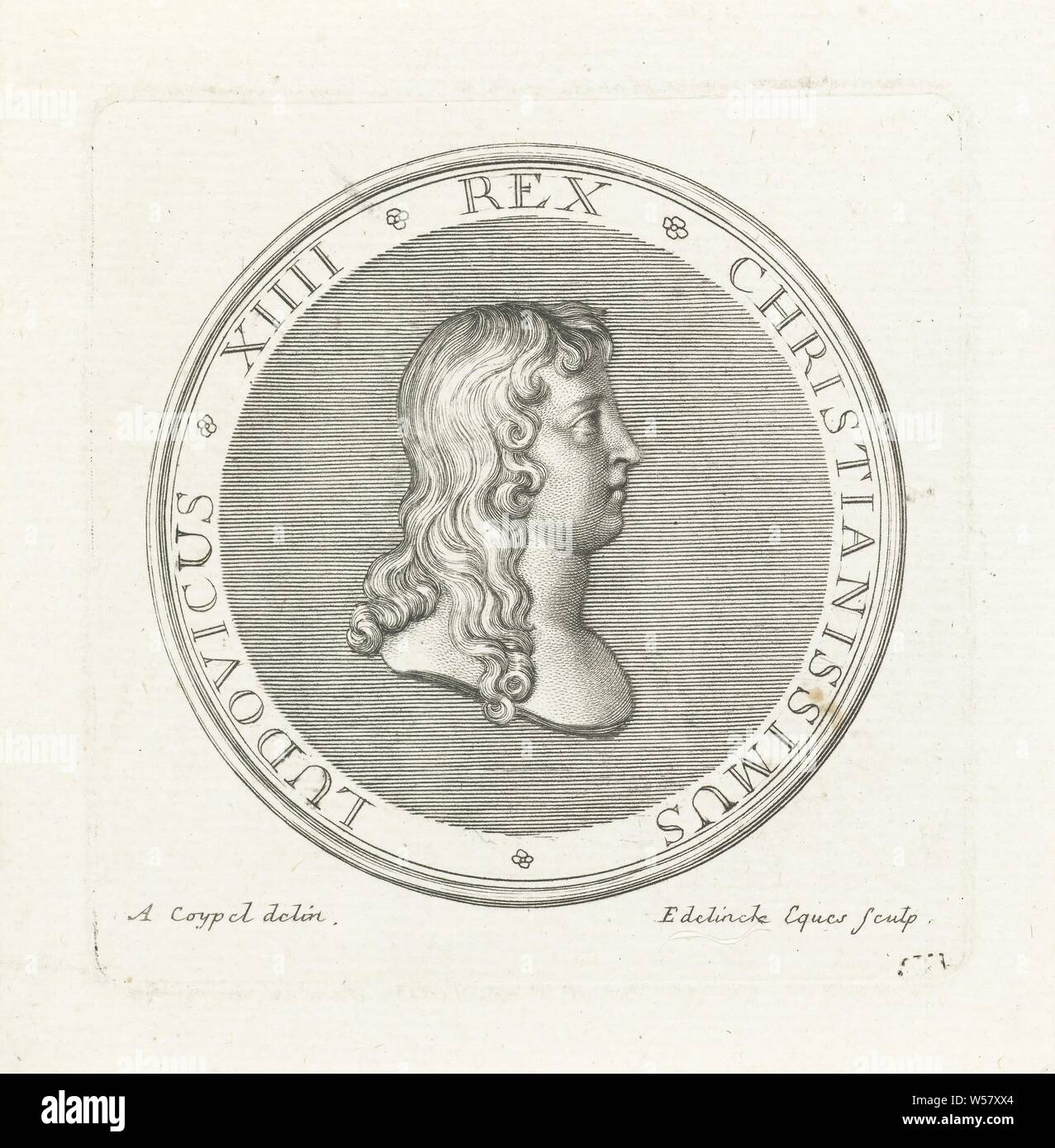 Medal with bust of Louis XIV, Front of a badge with bust and profile of Louis XIV, first issued after the Battle of Rocroi in 1643., Louis XIV (King of France), Gerard Edelinck (mentioned on object), Paris, 1702, paper, engraving, h 82 mm × w 81 mm Stock Photo
