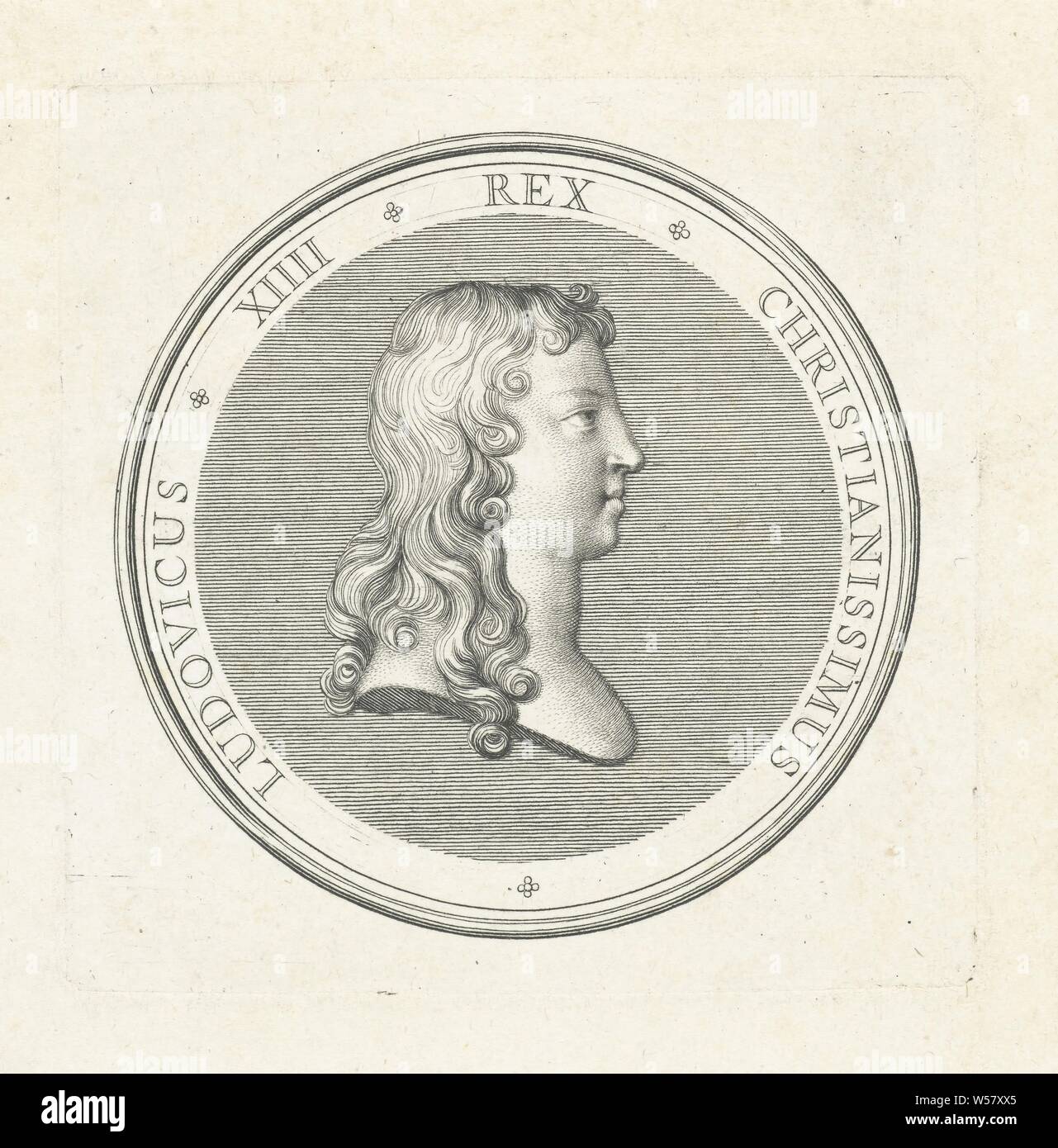 Medal with bust of Louis XIV, Front of a bust with profile and profile of Louis XIV, first issued on the occasion of the regency of his mother in 1643, Louis XIV (King of France), Gerard Edelinck, Paris, 1702, paper, engraving, h 83 mm × w 82 mm Stock Photo