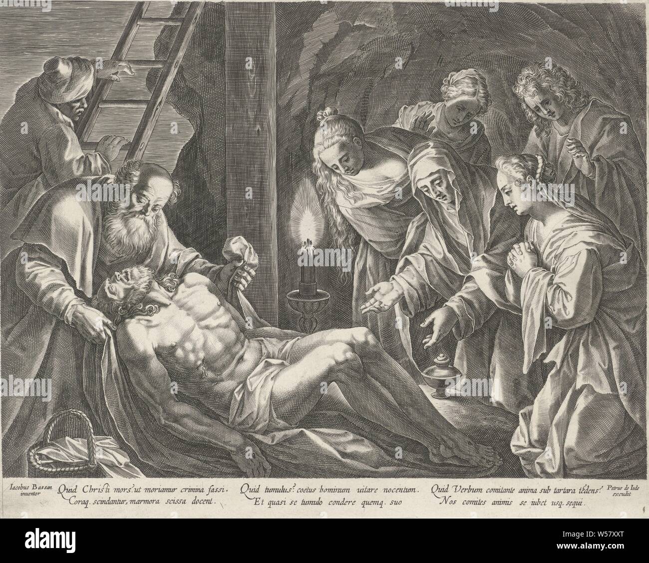 Tomb of Christ, Christ is laid in the rock tomb by Joseph of Arimatea. On the left in the background is Nicodemus at the stairs against the cross. On the right a group of grieving women including Mary and Mary Magdalene. In the margin a caption, in three columns of two lines, in Latin, Christ's entombment (possibly by angels), Pieter de Jode (I), Italy, 1590 - 1632, paper, engraving, h 287 mm × w 357 mm Stock Photo