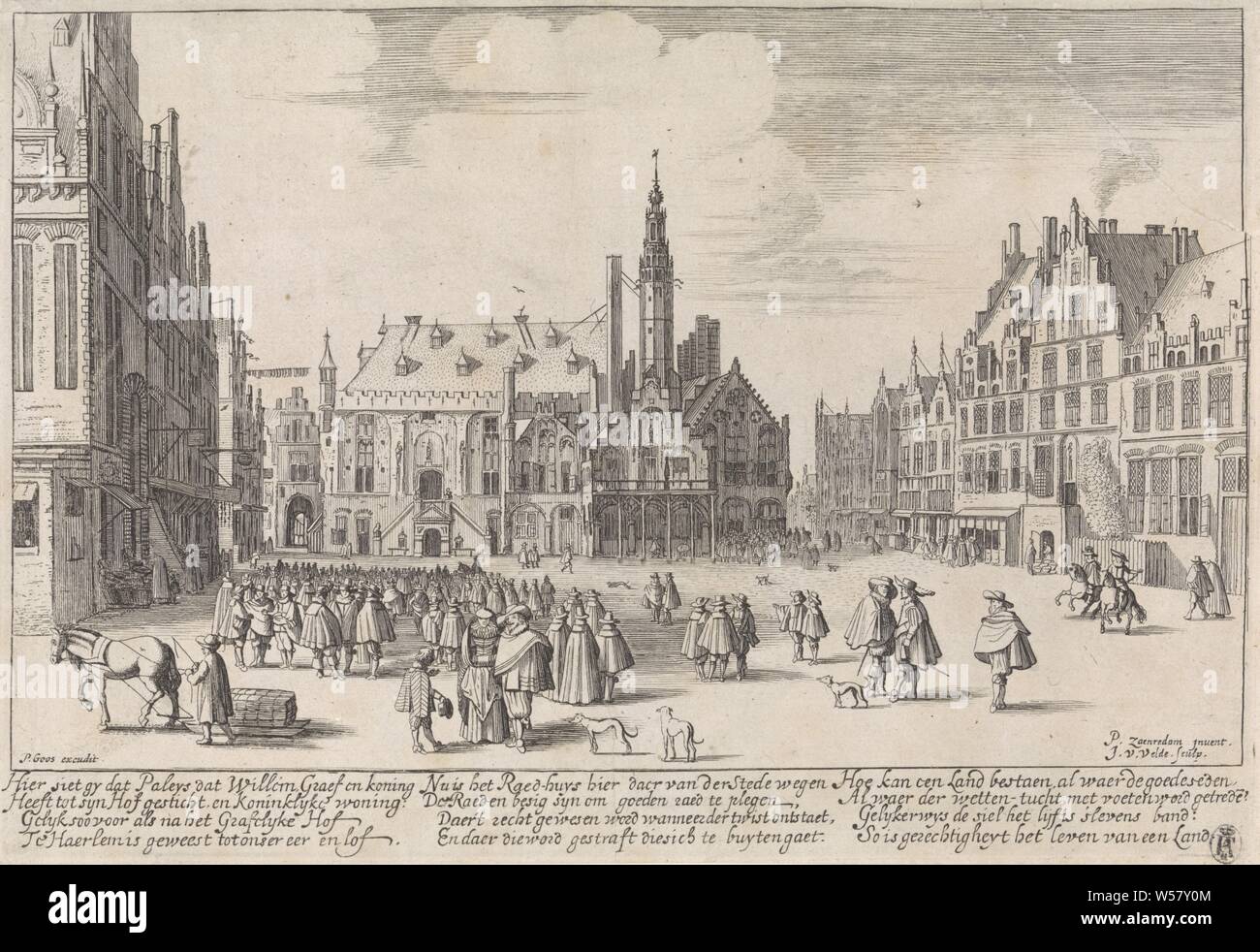 View of the Grote Markt with the town hall in Haarlem, Figures on the Grote Markt in Haarlem. In the background the city hall., Market, townhall, square, place, circus, etc. (city (-scape) with figures, staffage), Grote Markt, Stadhuis, Jan van de Velde (II) (mentioned on object), 1628 and/or 1657 - 1675, paper, engraving, h 161 mm × w 237 mm Stock Photo