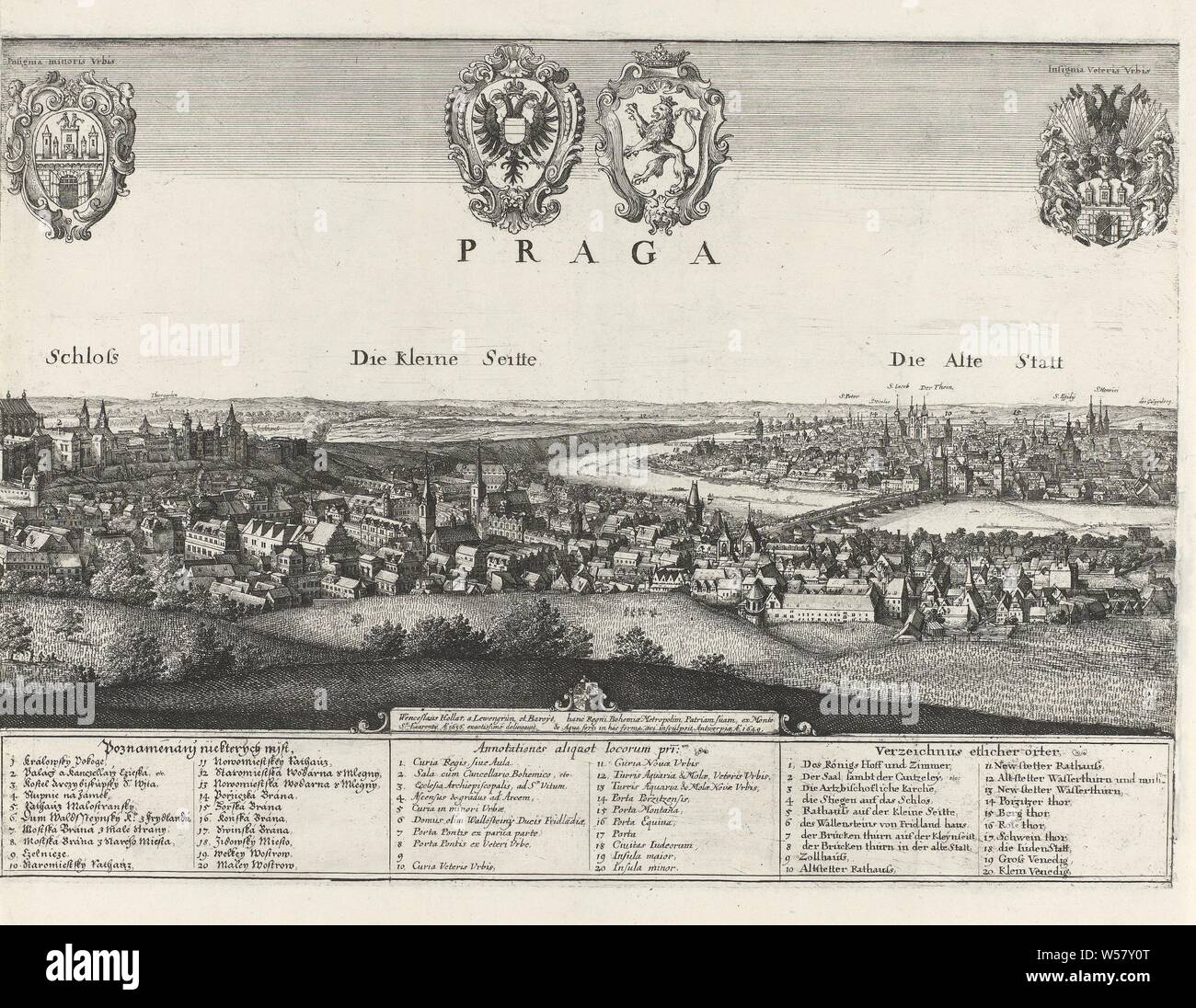 View of Prague (middle part) Praga (title on object), Middle part of a view of the city of Prague, consisting of three parts. Bottom boxes with the legend in Czech, Latin and German, prospect of city, town panorama, silhouette of city, maps of cities, coat of arms (as symbol of the state, etc.) (province, provincial), Prague, Wenceslaus Hollar (mentioned on object), Germany, 1649, paper, etching, h 280 mm × w 388 mm Stock Photo