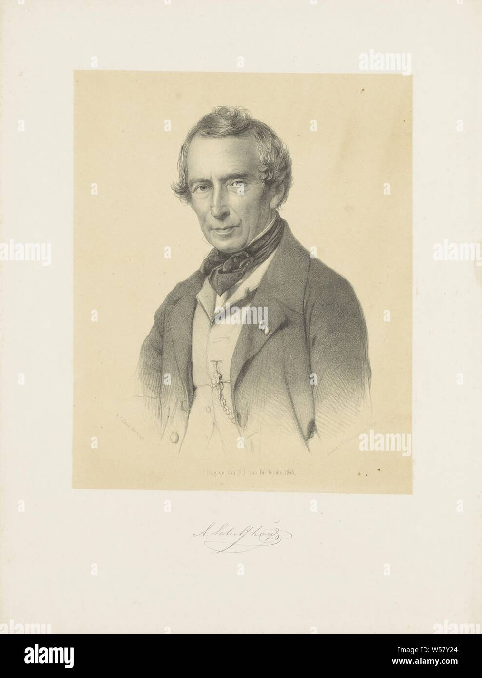 Portrait of Andreas Schelfhout, The person portrayed is wearing a bow tie, a watch chain on his vest and a knightly order on the lapel of his jacket. Under the portrait are signature., Historical persons ((full) bust portrait), knighthood order, Andreas Schelfhout, Adrianus Johannes Ehnle (mentioned on object), 1854, paper, h 362 mm × w 275 mm Stock Photo
