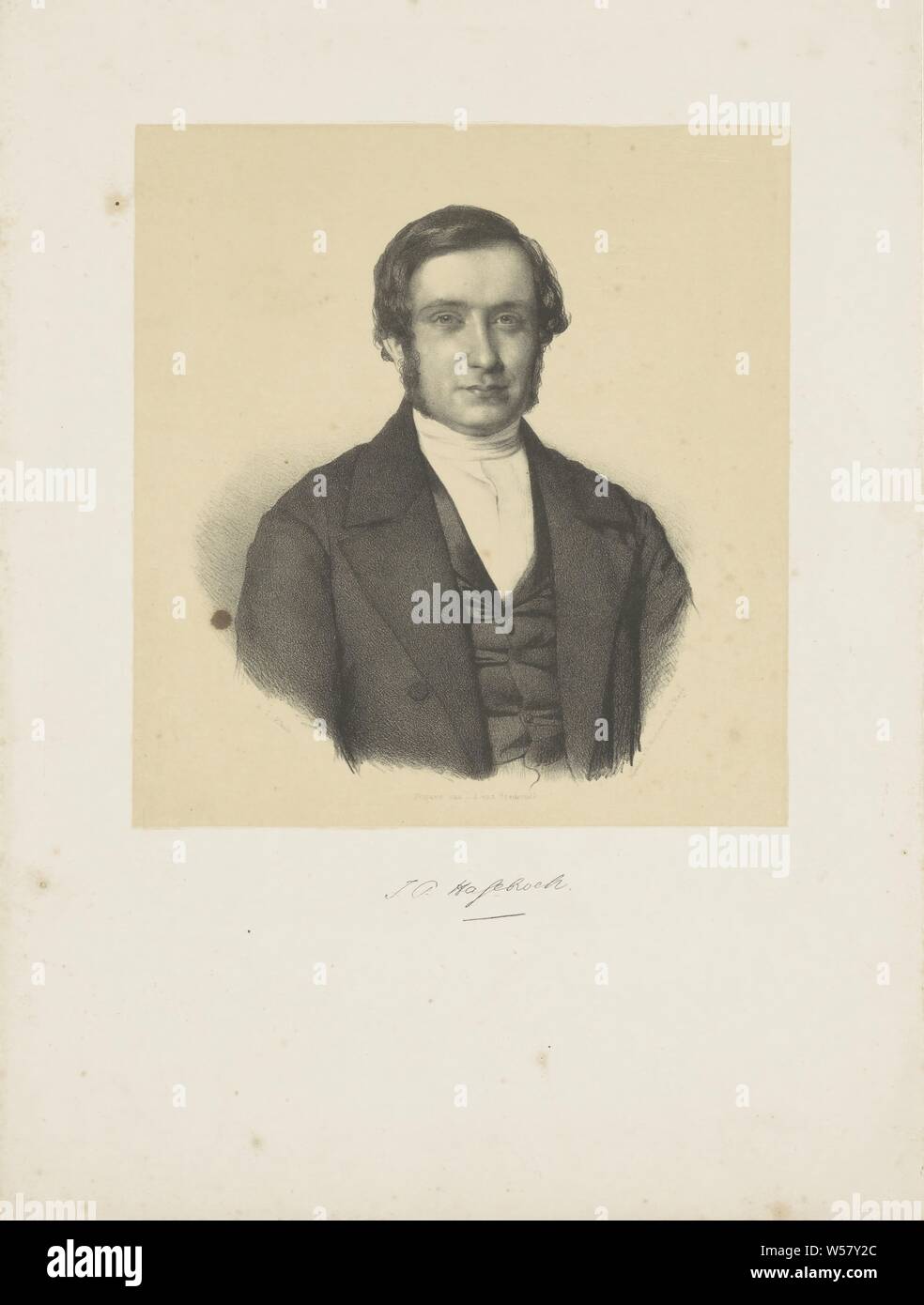 Portrait of Johannes Petrus Hasebroek, The person portrayed is wearing a white collar without a tie or bow and an open-hanging jacket. Below the portrait are signature., Historical persons ((full) bust portrait), Adrianus Johannes Ehnle (mentioned on object), c. 1854, paper, h 365 mm × w 265 mm Stock Photo