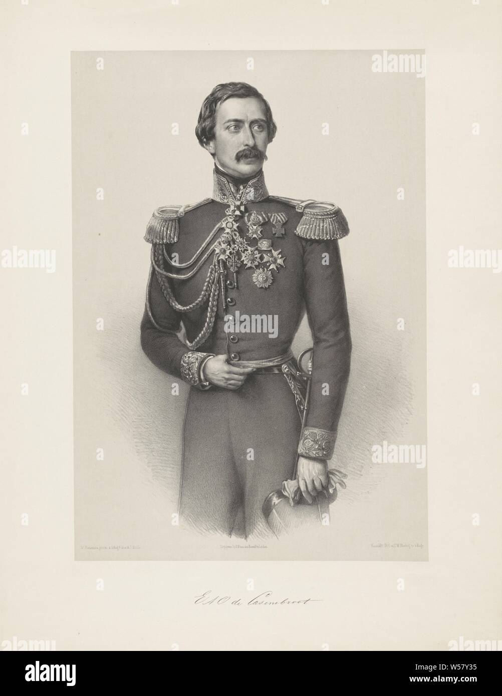 Portrait of Eduard August Otto de Casembroot, The person portrayed wears a military uniform and looks to the right. With his right hand he holds his belt, in his left hand he has his gloves and kepi. He wears awards on his chest and a saber on his belt. Under the portrait are signature., Historical persons (three-quarter length portrait), knighthood order, hacking and thrusting weapons (with NAME), Eduard August Otto de Casembroot, Adrianus Johannes Ehnle (mentioned on object), 1857 - 1863, paper, h 543 mm × w 420 mm Stock Photo