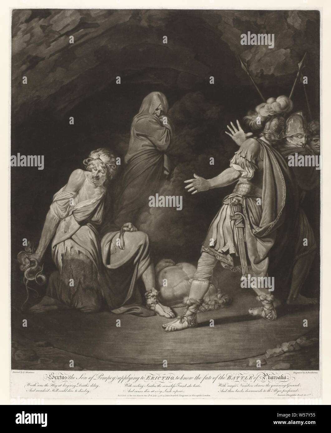 Sextus applying the son of Pompey to Erictho, to know the fate of the Battle of Pharsalia, Samson ties three hundred foxes two by two by their tails with a fire-brand in between, with the torches on fire let's go into the cornfields of the Philistines which are set aflame, Robert John Dunkarton, 1754 - 1811, paper Stock Photo