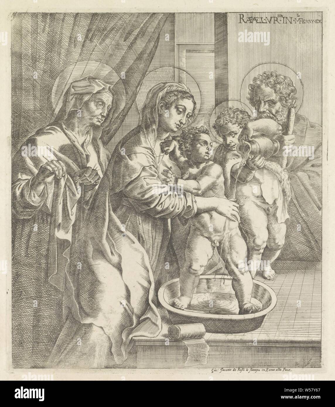 Mary and the young John the Baptist wash the Christ child, Mary and the young John the Baptist wash the Christ child. In the background are Joseph and Elizabeth., Mary, the Christ-child and John the Baptist, Elisabeth present, washing and changing baby, Pietro Facchetti, Rome, 1637 - 1691, paper, engraving, h 298 mm × w 260 mm Stock Photo