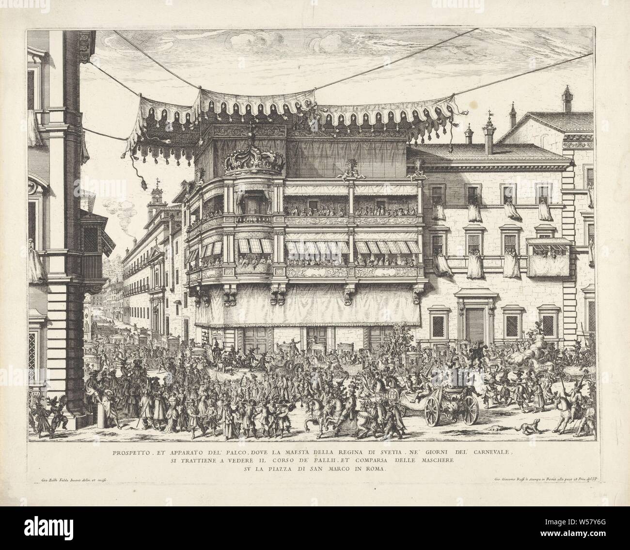 Design for carnival scaffolding for Christina of Sweden, View of the Piazza di San Marco in Rome with a scaffolding specially designed for Queen Christina of Sweden. From this scaffolding she could view the carnival festivities. In the foreground a crowd of partying people and different carriages. Italian text in lower margin., Carnival, Shrovetide (non-liturgical celebration), urban housing, Rome, Piazza di San Marco (Rome), Christina (Queen of Sweden), Giovanni Battista Falda (mentioned on object), 1653 - 1691, paper, etching, h 380 mm × w 476 mm Stock Photo