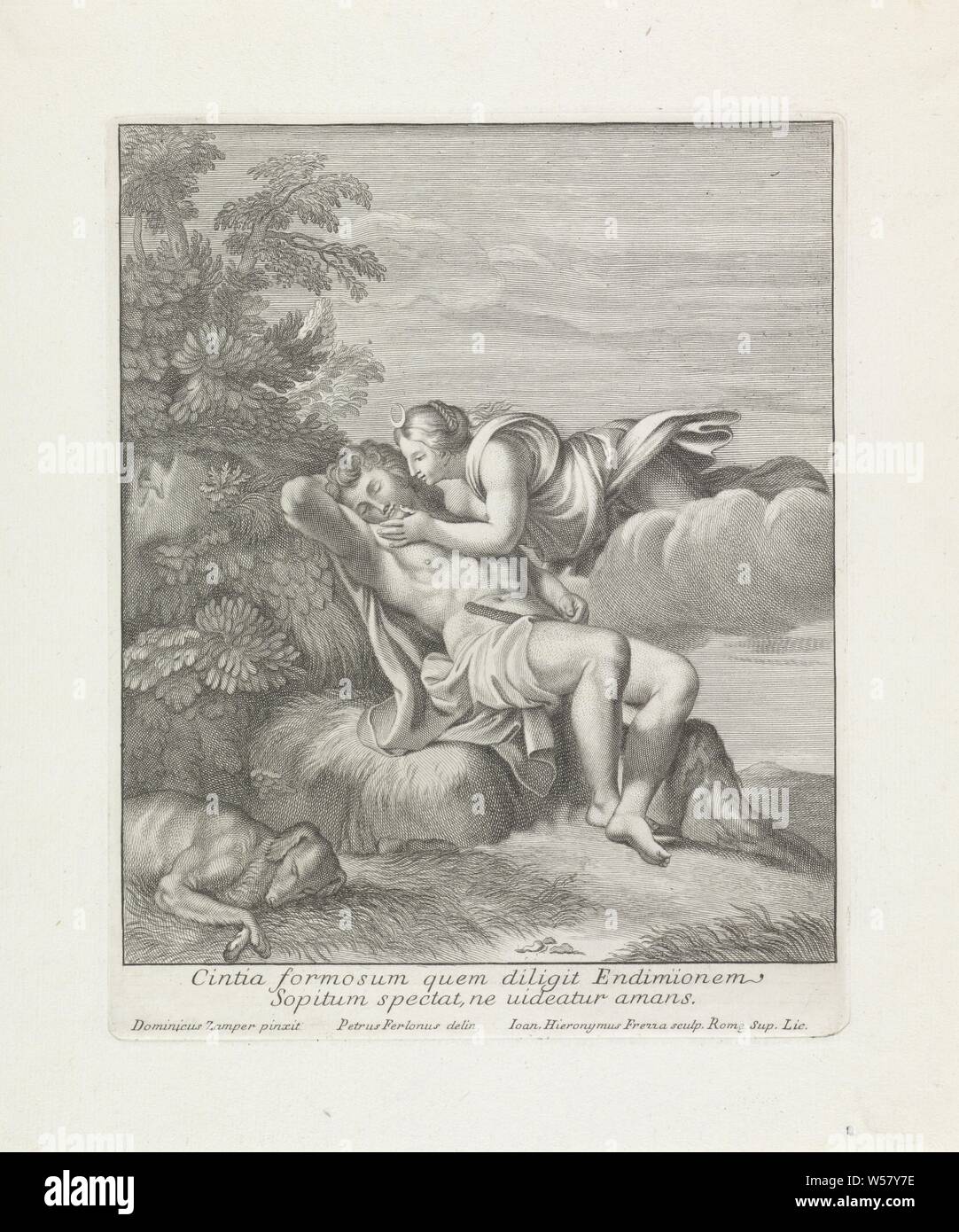 Diana visits sleeping Endymion Cintia formosum quem diligit Endimionem / Sopitum spectat, ne videatur amans (title on object) The life of Diana (series title), The goddess Diana floats on a cloud next to the sleeping Endymion. She is trying to kiss him. In the foreground on the left is a sleeping dog., Sleeping, unconsciousness, Diana (Luna) visiting the sleeping Endymion, Giovanni Girolamo Frezza (mentioned on object), 1713, paper, engraving, h 265 mm × w 211 mm Stock Photo