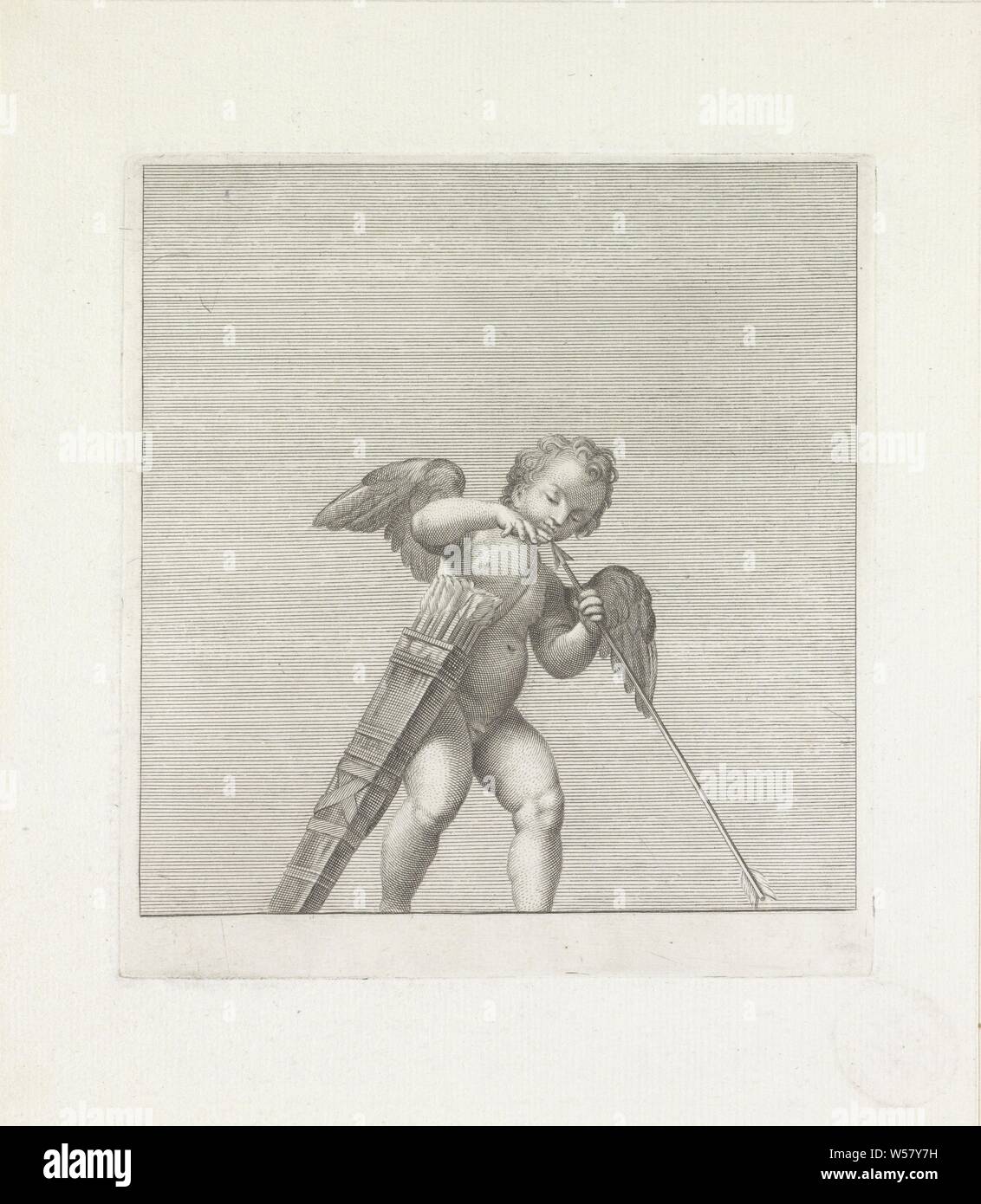 Putto with quiver The life of Diana (series title), (story or) Cupid, Amor (Eros), cupids: 'amores', 'amoretti', 'putti', Giovanni Girolamo Frezza, 1713, paper, engraving, h 177 mm × w 161 mm Stock Photo