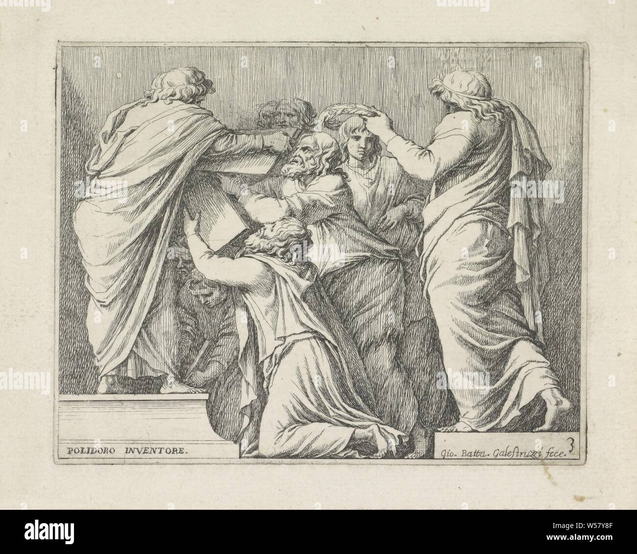 Lycurgus and Numa Pompilius give the Romans the laws Scenes Roman history (series title), The Spartan leader Lycurgus and the Roman king Numa Pompilius hand out the laws to a crowd of Romans., (story of) Lycurgus, the Spartan, (story of) Numa Pompilius, Giovanni Battista Galestruzzi (mentioned on object), 1625 - 1689, paper, etching, h 119 mm × w 150 mm Stock Photo