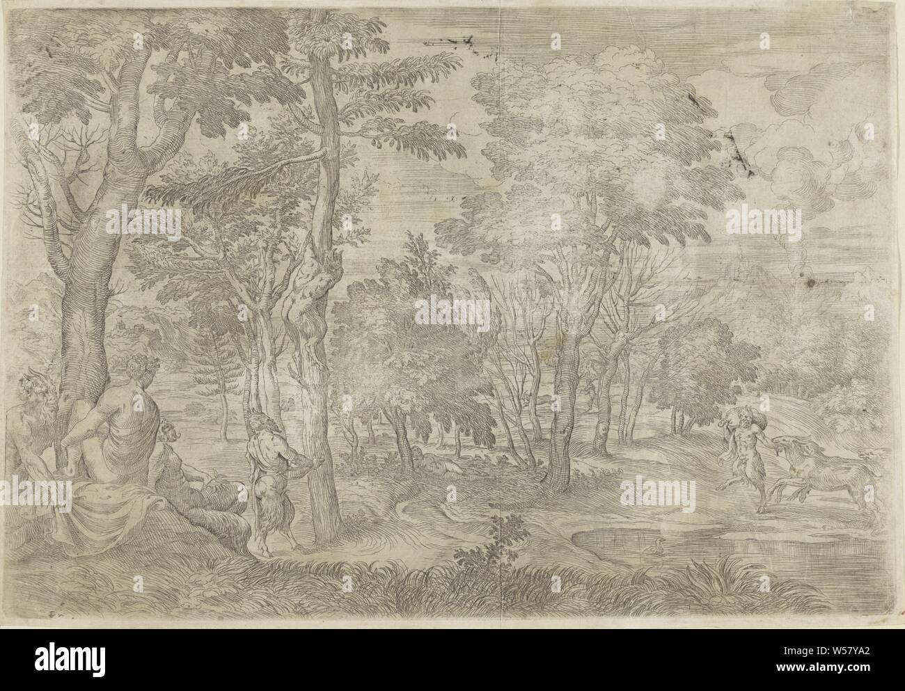 Landscape with nymphs and satyrs, A landscape with nymphs and satyrs. A satyr climbs a tree. On the right a satyr with three goats, landscapes, nymphs (in general), 'Ninfe in commune' (Ripa), satyr (s) (in general), goat, Giovanni Francesco Grimaldi, 1616 - 1680, paper, etching, h 275 mm × w 401 mm Stock Photo