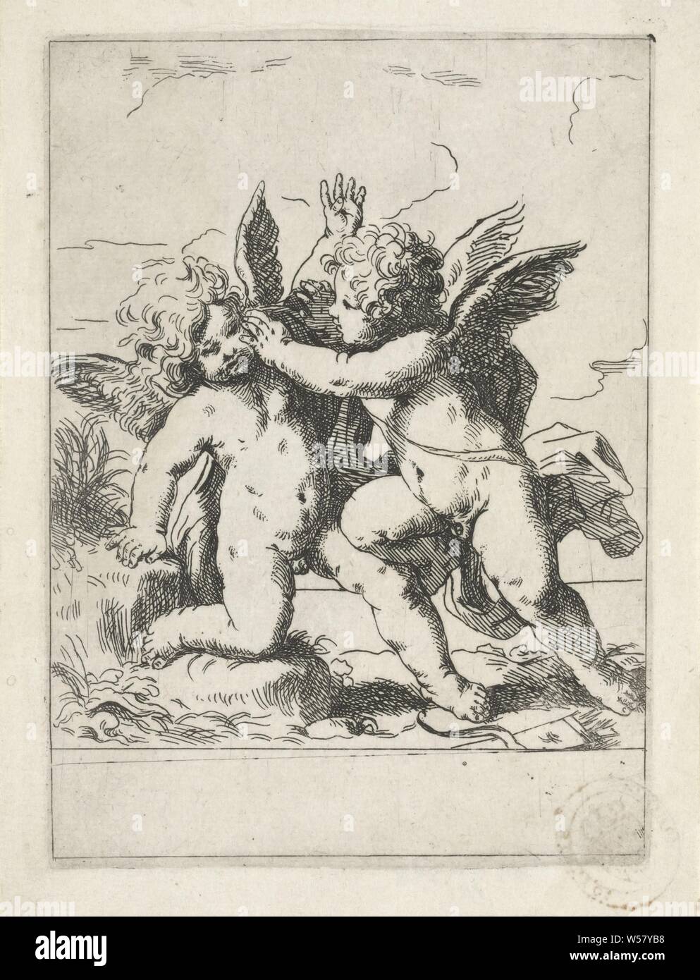 Two fighting putti, cupids: 'amores', 'amoretti', 'putti', fighting, Lorenzo Loli, Italy, 1622 - 1691, paper, etching, h 174 mm × w 126 mm Stock Photo