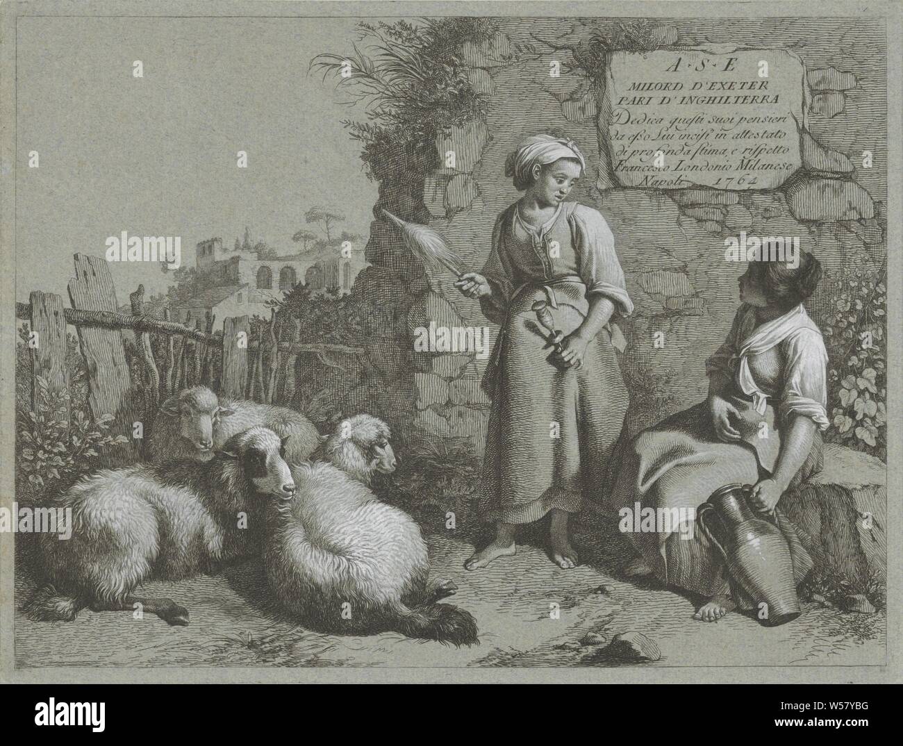 Two shepherdesses with three sheep Shepherd scenes (series title), Two shepherdesses, one with a spider and one with a jug, resting with three sheep in front of a wall, herding, herdsman, herdswoman, shepherd, shepherdess, cowherd, etc, herd, flock, Francesco Londonio (mentioned on object), 1764, paper, etching, h 218 mm × w 288 mm Stock Photo