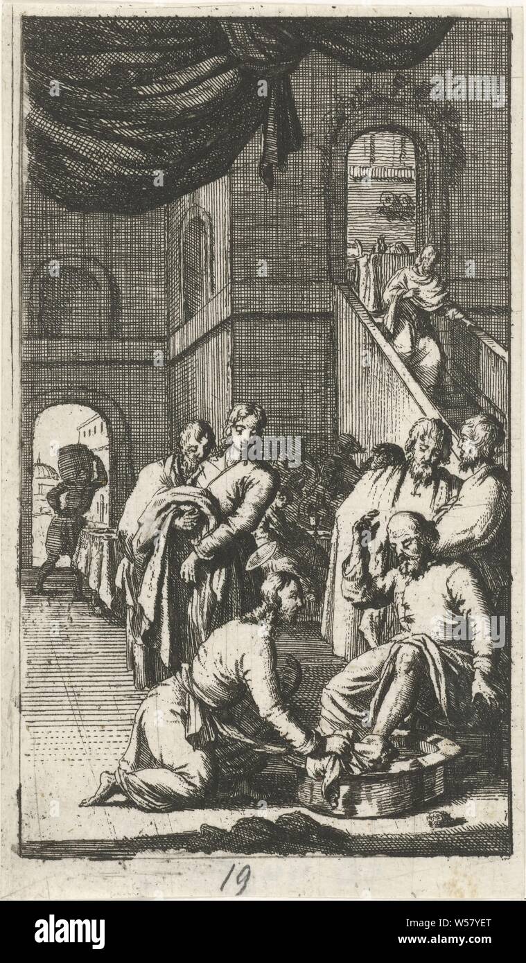 Footwash of Petrus Twenty-four scenes from the New Testament (series title), Christ washes Peter's feet, anonymous, 1681 - 1762, paper, etching, h 117 mm × w 69 mm Stock Photo