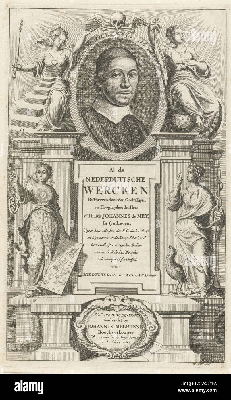 Portrait of Johannes de Mey, flanked by Philosophy and Theology Title page for: J. de Mey. All the Lower German Wercken, 1681, Portrait of the theologian Johannes de Mey, flanked by the personifications of philosophy (left) and theology (right). Below the portrait are the personified astronomy (left) and medicine (right), portrait of a writer, 'Philosophia', 'Philosofia' (Ripa), theology, 'Theologia' (Ripa), 'Astronomia', 'Cosmografia', 'Cosmografia' (Ripa), 'Medicina', allegorical representations, medicine, 'Medicina' (Ripa), Johannes de Mey, Jan Luyken (mentioned on object), paper Stock Photo