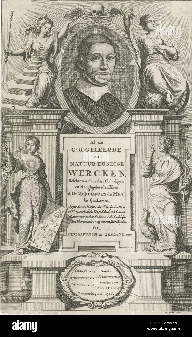 Portrait of Johannes de Mey, flanked by Philosophy and Theology Title page for: J. de Mey. All the Lower German Wercken, 1706, Portrait of the theologian Johannes de Mey, flanked by the personifications of philosophy (left) and theology (right). Below the portrait are the personified astronomy (left) and medicine (right), portrait of a writer, 'Philosophia', 'Philosofia' (Ripa), theology, 'Theologia' (Ripa), 'Astronomia', 'Cosmografia', 'Cosmografia' (Ripa), 'Medicina', allegorical representations, medicine, 'Medicina' (Ripa), Johannes de Mey, Jan Luyken (mentioned on object), paper, etching Stock Photo