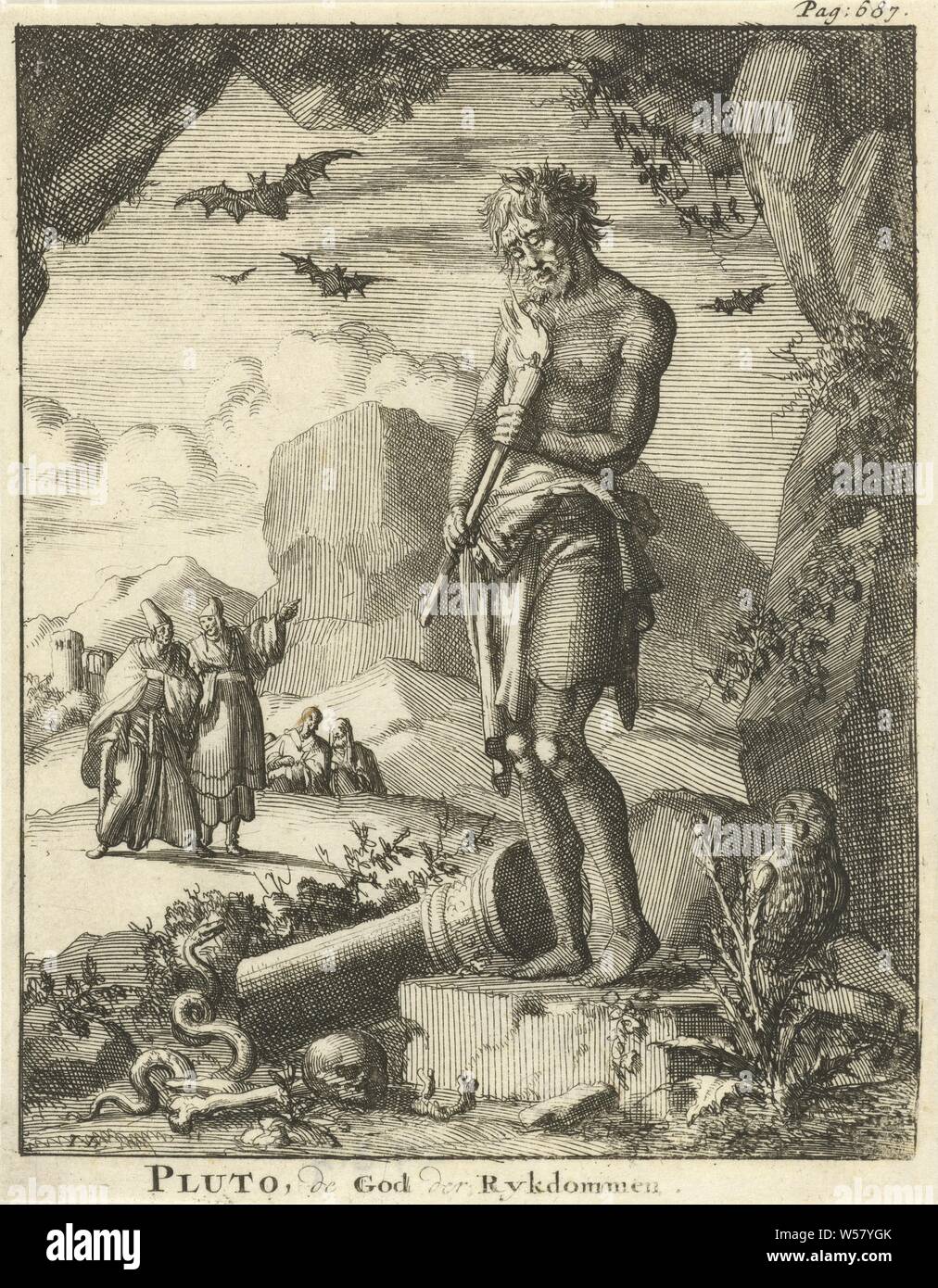 Statue of Pluto Pluto, the God of the Rykdoms (title on object), Print upper right: Pag: 687, (story of) Pluto (Hades), Dis Pater, Orcus, statues, paintings, etc., objects of worship in Roman religion, Jan Luyken (mentioned on object), Amsterdam, 1686, paper, etching, h 166 mm × w 130 mm Stock Photo
