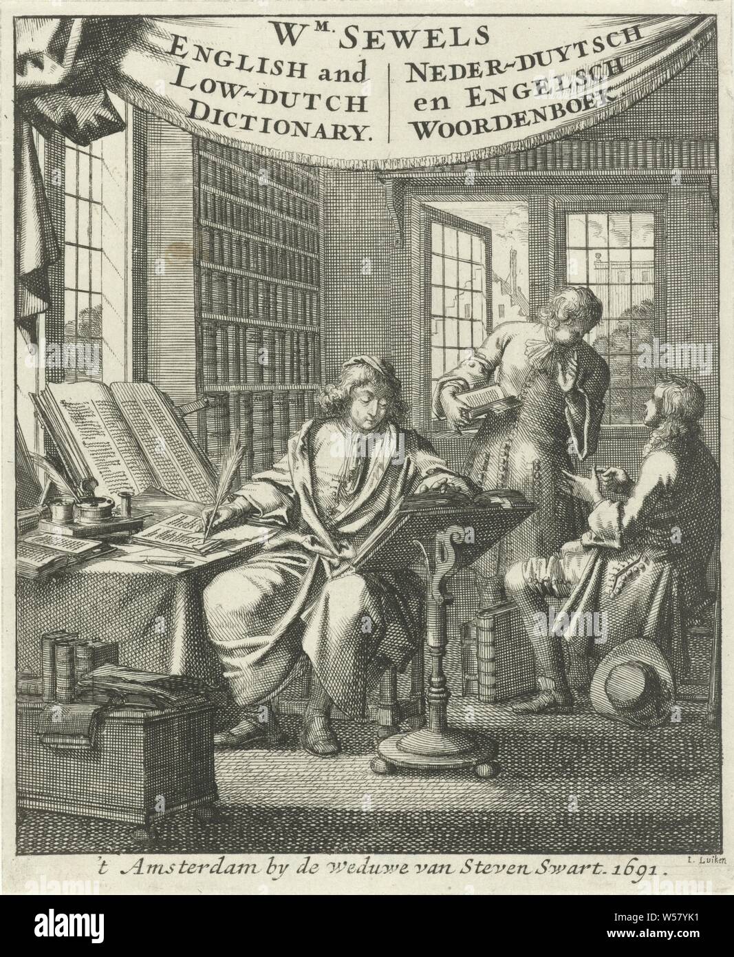 Three scholars in a library Title page for: W. Séwel, A new dictionary English and Dutch (...). New dictionary of the English and Low German languages, 1691, study, 'studiolo', library, group of scholars or philosophers, Jan Luyken (mentioned on object), Amsterdam, paper, etching, h 176 mm × w 144 mm Stock Photo