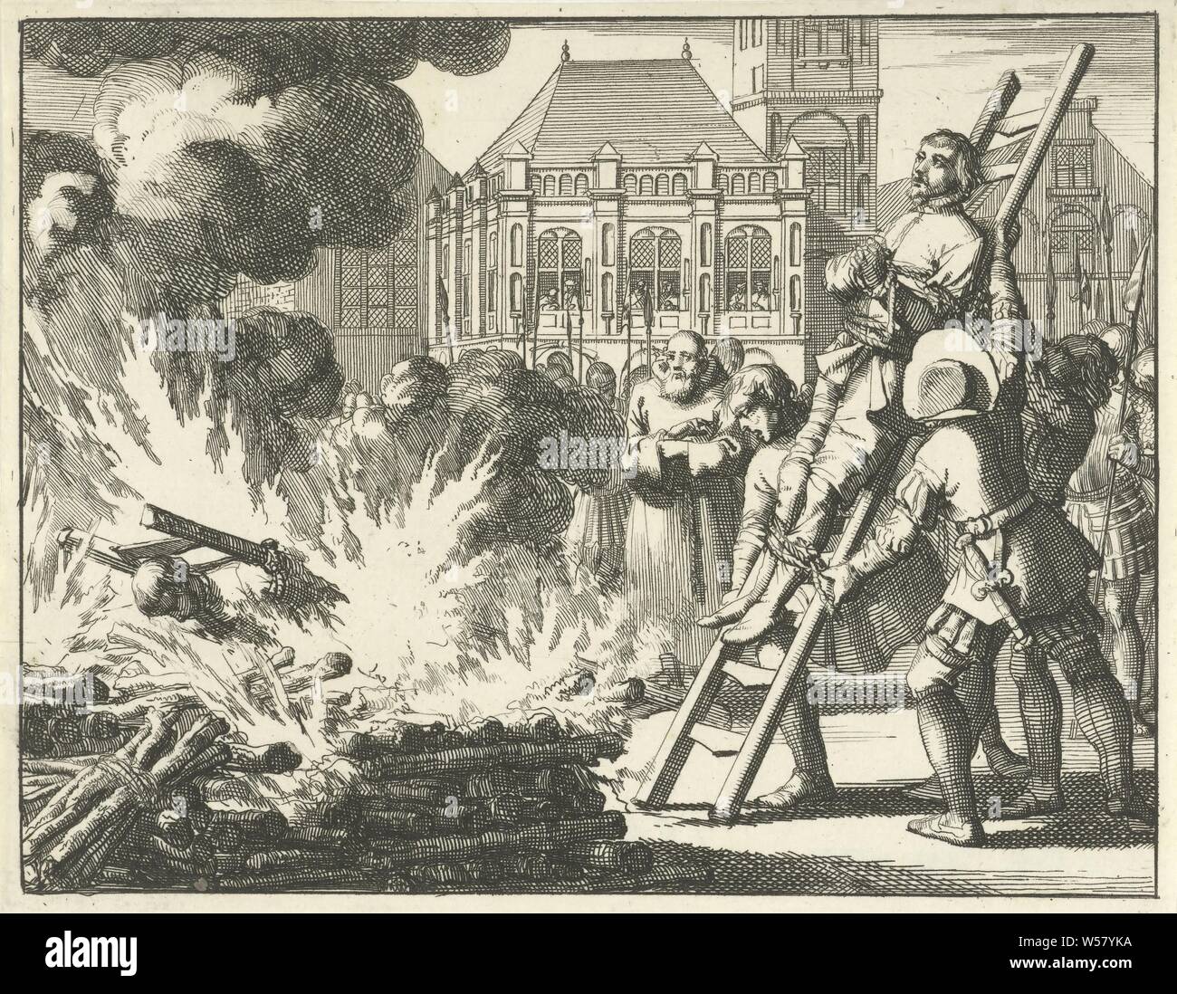 Jacob de Geldersman and Dirk Pietersz. Smuel op de Dam at the stake, 1546, Dopers Jacob de Geldersman and Dirk Pietersz. Smuel op de Dam in Amsterdam on ladders burned at the stake, execution of heretic, e.g. by burning at the stake, 'auto-da-fé', violent death by burning at the stake, pyre, Amsterdam City Hall (14th century-1652), Dam, Jacob de Geldersman, Dirk Pietersz. Smuel, Jan Luyken, Amsterdam, 1693, paper, etching, h 118 mm × w 152 mm Stock Photo