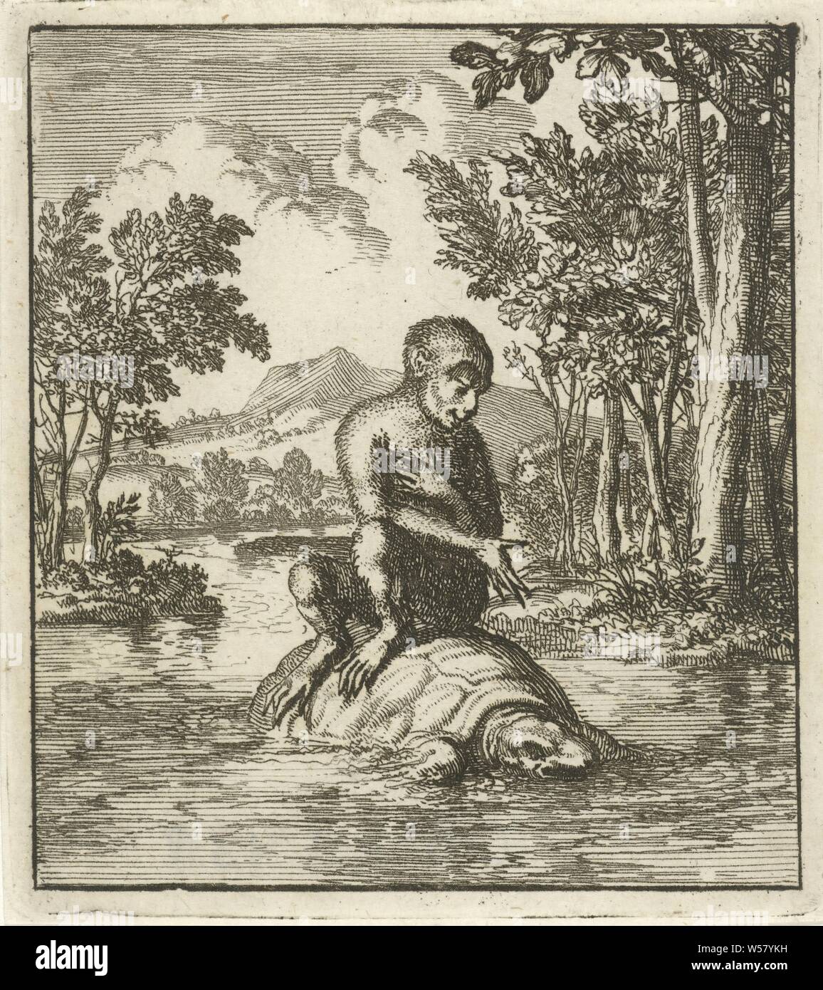 Monkey Crosses A River On The Back Of A Turtle Monkeys Apes Tortoises Turtles Crossing A River Jan Luyken Amsterdam 1693 Paper Etching H Mm W 79 Mm Stock Photo Alamy