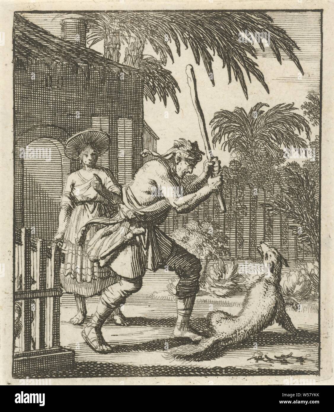 Fox killed by a man with a cane, beasts of prey, predatory animals: fox, man killing animal, Jan Luyken, Amsterdam, 1693, paper, etching, h 87 mm × w 75 mm Stock Photo