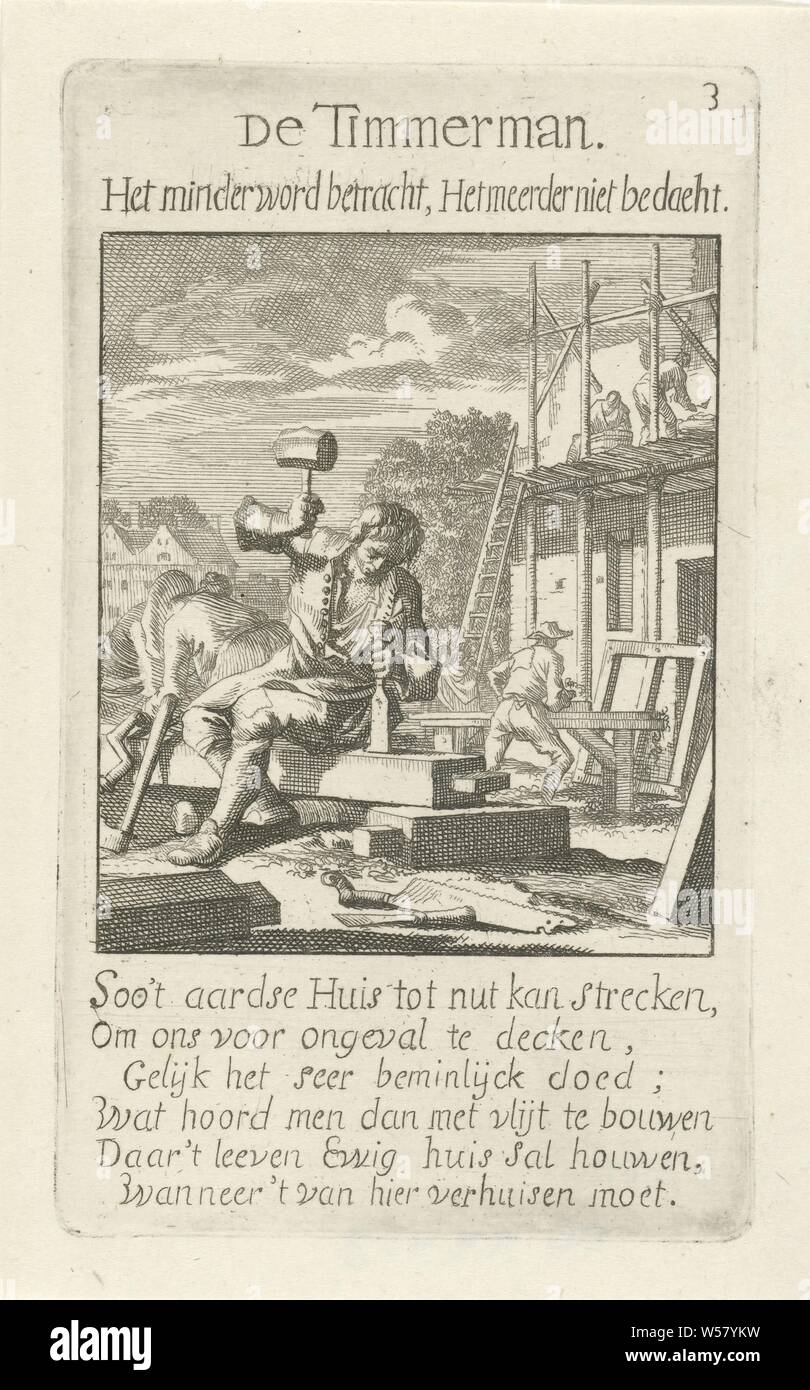 Carpenter The Carpenter (title on object) The Menselyk Bedryf (series title), carpenter, handicrafts, craftsman at work, Jan Luyken, Amsterdam, 1694, paper, etching, h 138 mm × w 82 mm Stock Photo