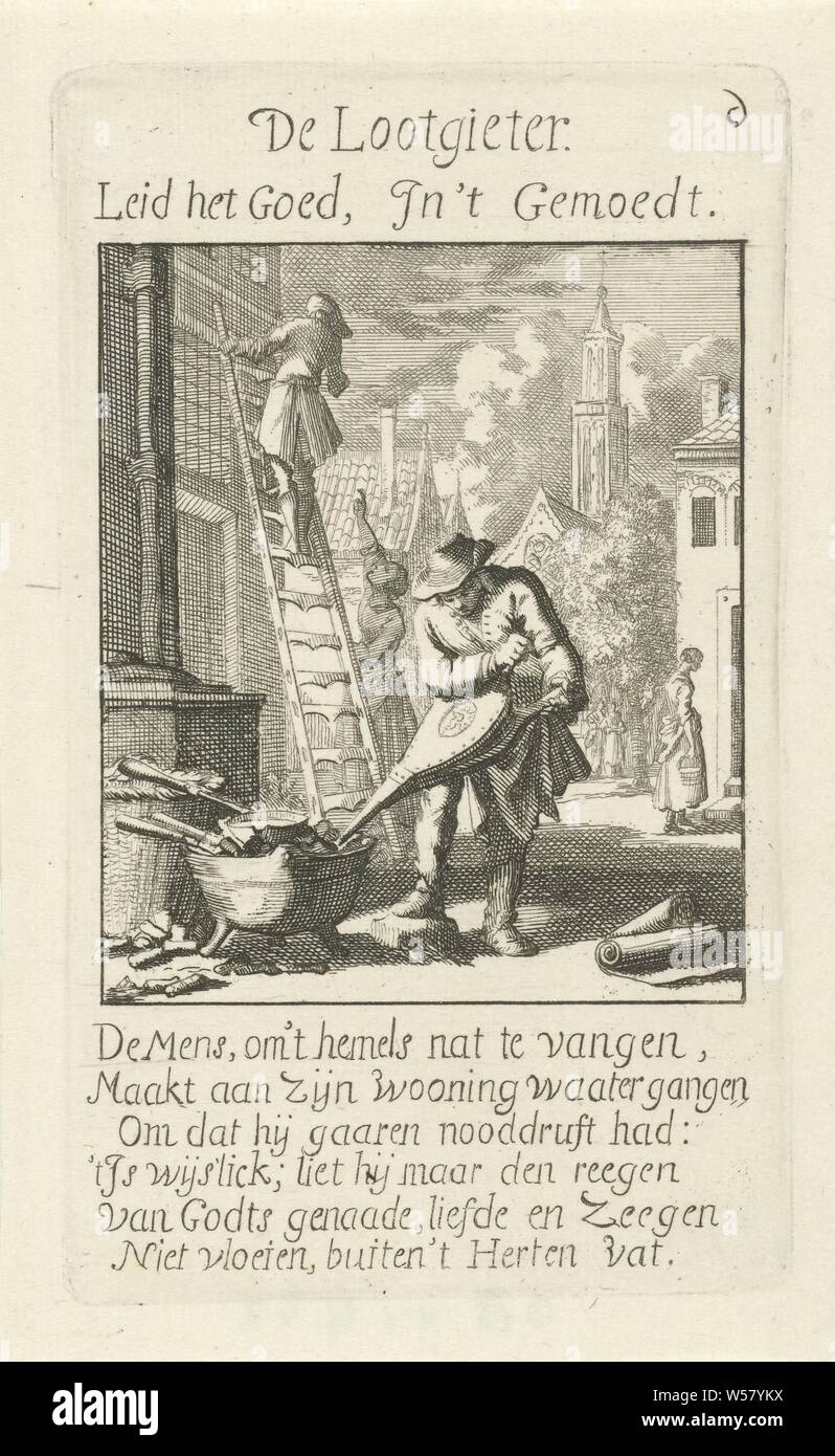 Plumber De Lootgieter (title on object) The Menselyk Bedryf (series title), plumber, handicrafts, craftsman at work, Jan Luyken, Amsterdam, 1694, paper, etching, h 139 mm × w 83 mm Stock Photo