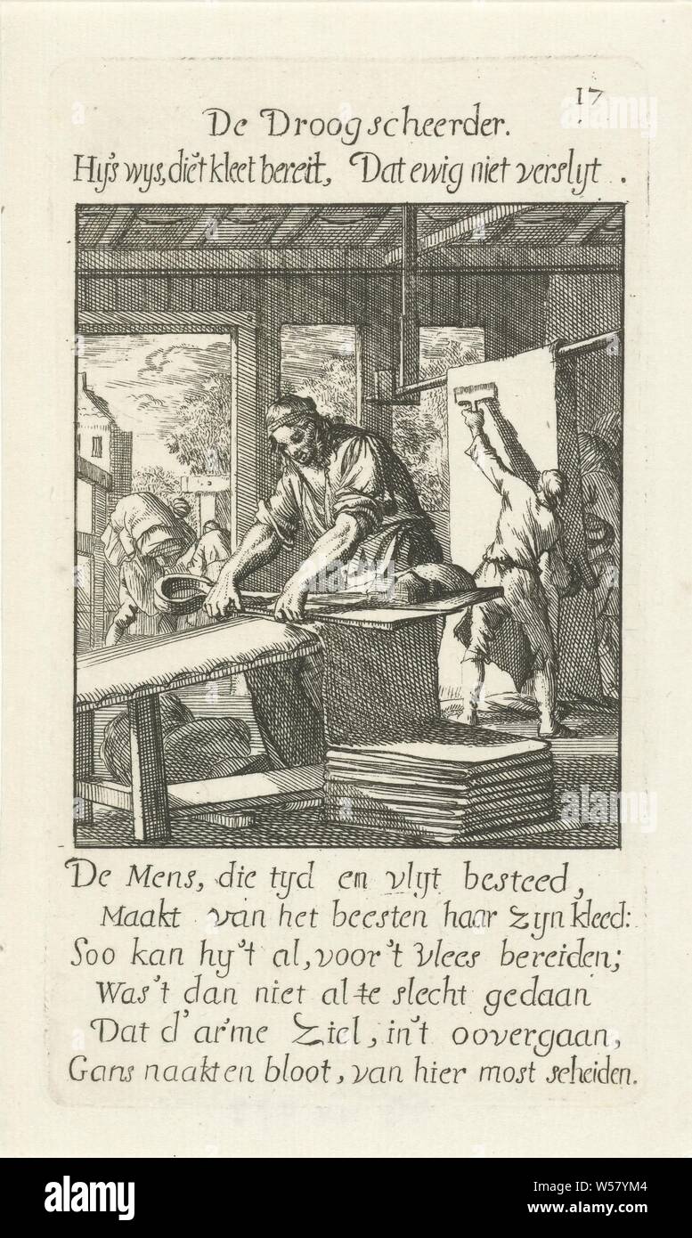 Clothmaker De Droogscheerder (title on object) The Menselyk Bedryf (series title), sheet, handicrafts, craftsman at work, Caspar Luyken, Amsterdam, 1694, paper, etching, h 140 mm × w 80 mm Stock Photo